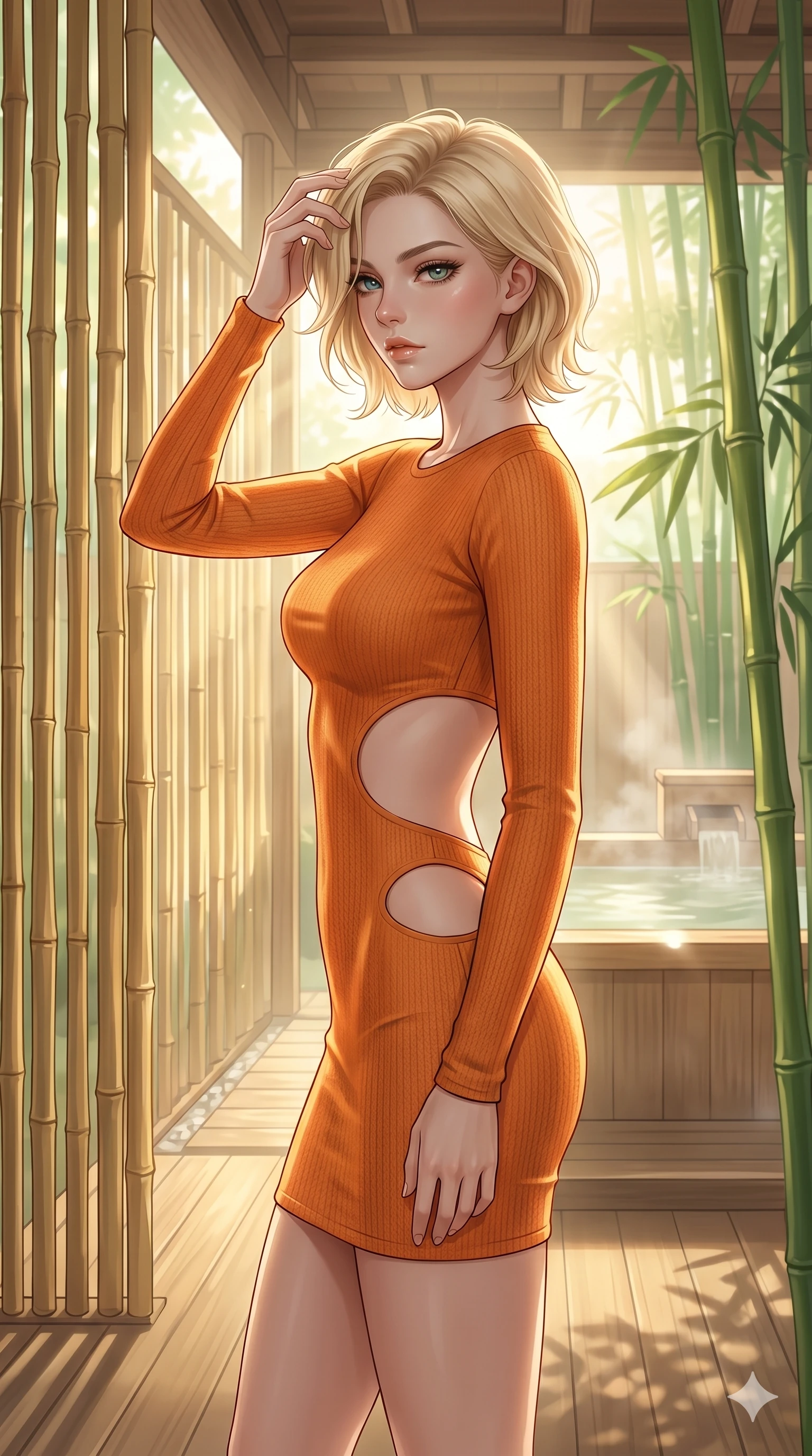 score_9, masterpiece, best quality, ultra-detailed, high-budget anime keyframe, editorial fashion photography, tasteful artistic composition, Caucasian woman, strictly human ears. cowboy shot from the thighs up, character and outfit filling the frame for maximum editorial presence. wiping a lock of hair from her forehead, her expression cool and contemplative as she turns her head in a private hot spring pavilion with warm sunlight filtering through bamboo partitions (Code-P049). She has an absolutely perfect 8-heads proportion, an exceptionally tall and slender female figure with impossibly long slender legs and an ultra-slim waist. V-shaped jawline, high-bridge nose, intricate jewel-like eyes with depth, thick eyelashes, glossy lips with a natural sheen. wearing a skin-tight orange knit dress with strategic curved cutouts at the waist and hip. bathed in soft morning sunbeams flowing into the room, creating a bright, glowing atmosphere. 2k, ultra detail, master piece, 9:16 ratio