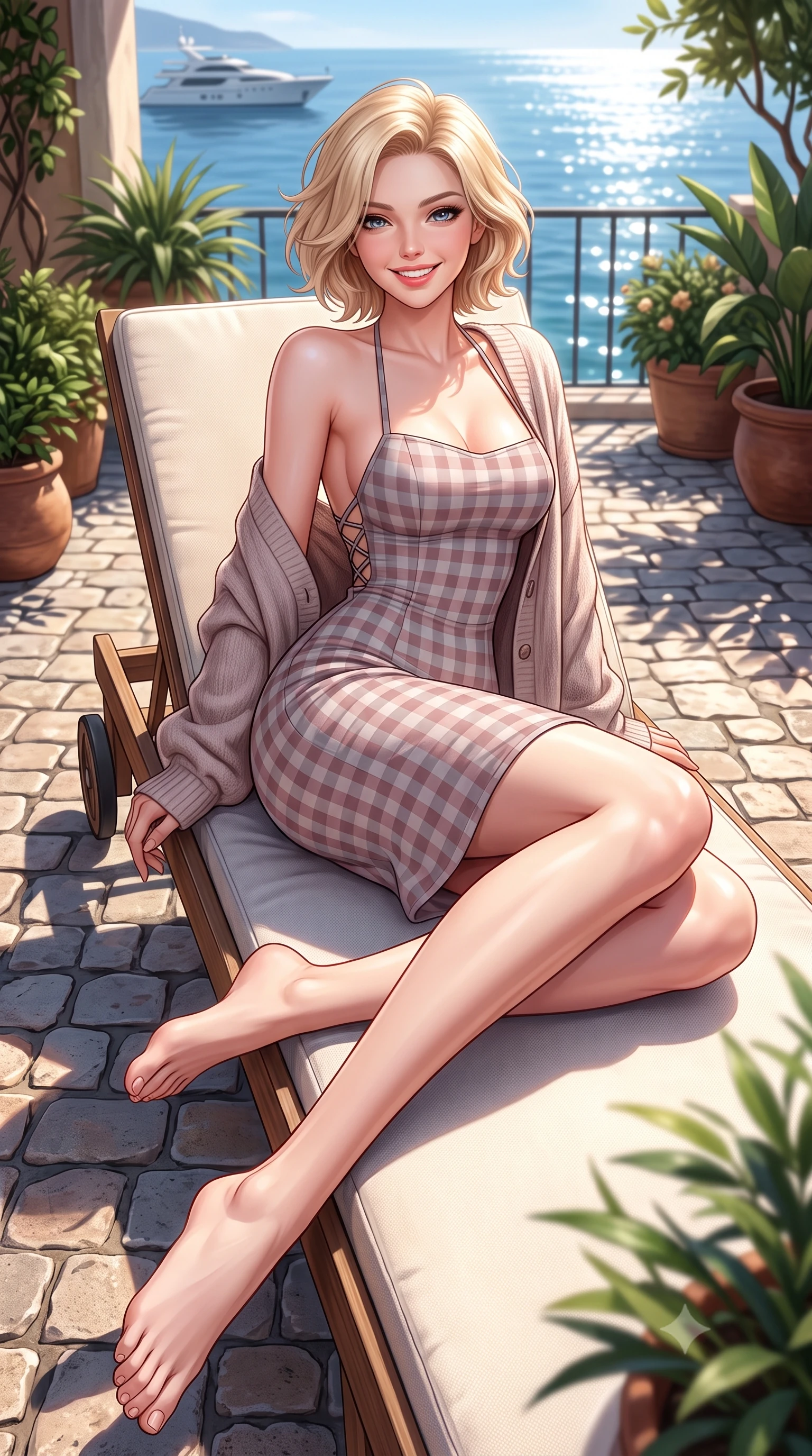 score_9, masterpiece, best quality, ultra-detailed, high-budget anime keyframe, semi-realistic 3D game render, editorial fashion photography, tasteful artistic composition, Caucasian woman. low angle full-body shot from head to toe showing her feet, filling the entire 9:16 vertical frame with her statuesque presence, stretching her vertical silhouette. reclining languidly on her side across the sunbed with one knee drawn up, her radiant smile and arched hip curve commanding the 9:16 vertical frame with youthful sensual charisma while standing poised on the sun-dappled cobblestone terrace, twisting her slender torso in an alluring contrapposto stance in the warm sea breeze. The surrounding environment is rendered in vivid detail and crisp panoramic clarity. detailed linen sundress weave, sun-dappled skin highlights, and distant yacht clarity in high resolution. She has an exceptionally tall and slender model-like 8.5-heads proportion, an ultra-slim waist, a flat toned midriff, narrow delicate ribcage, and beautifully sculpted feminine hips creating a graceful, slim hourglass silhouette without any bulky heaviness, with impossibly long slender legs. sharp v-shaped jawline, high-bridge nose, intricate jewel-like sparkling eyes with depth, thick eyelashes, glossy parted lips with a natural peach sheen, bright cheerful beaming smile with an enchanting and coquettish sensual glint, exuding both youthful cute charm and seductive allure, flawlessly proportioned anatomical accuracy, strict slender model proportions, natural body alignment, perfectly sculpted long slender limbs, ultra-slim waistline, clean dynamic posture without body distortion. wearing a backless lace-up gingham sundress with a form-fitting bodice and hip-defining silhouette in dusty rose and soft dove grey, crafted from soft breathable linen with effortless natural drape, complemented by an oversized soft knit cardigan slipping off one bare shoulder, the form-fitting cut adhering flawlessly to her sculpted flat midriff and slender torso, emphasizing her long leg lines and perfectly proportioned willowy build. illuminated by intense specular sea surface glints defining her sculpted collarbones, narrow waist, and curvy hips. highly saturated vibrant anime colors, detailed shading with soft gradients, rich glossy textures, high-contrast stereoscopic depth, volumetric dynamic lighting, master piece, 9:16 ratio