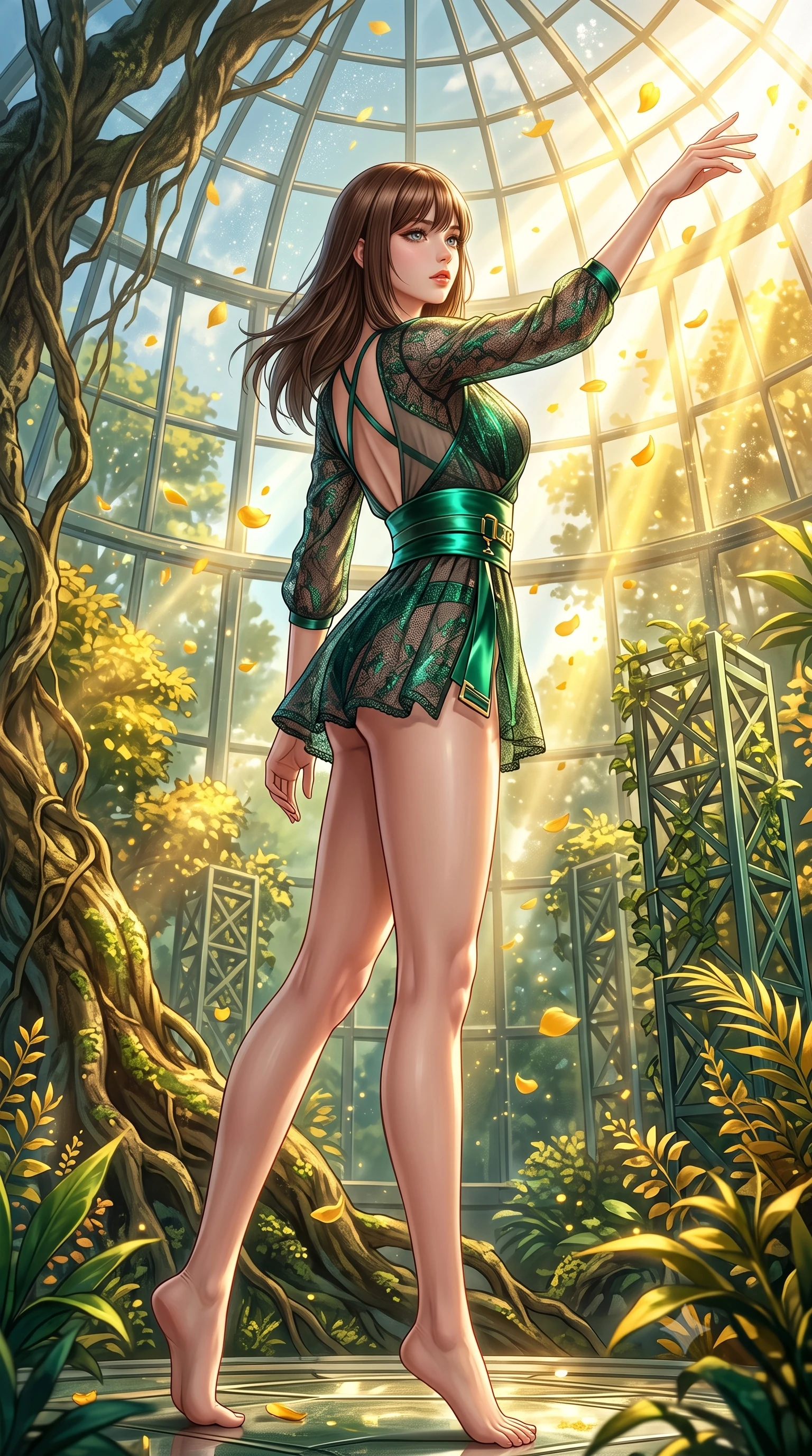 score_9, masterpiece, best quality, ultra-detailed, high-budget anime keyframe, semi-realistic 3D game render, editorial fashion photography, tasteful artistic composition, Korean woman. low angle full-body shot from head to toe showing her feet, filling the entire 9:16 vertical frame with her statuesque presence, stretching her vertical silhouette. pivoting dynamically in mid-motion with a breathtakingly alluring posture, displaying her flawless model proportions and ultra-slim waist while reaching one arm gracefully toward the streaming sunlight as golden flower petals float past in the warm air. The surrounding environment is rendered in vivid detail and crisp panoramic clarity. vibrant emerald and gold plant textures rendered with high environmental clarity. She has an absolutely perfect, statuesque 8.5-heads proportion, an exceptionally tall and slender model-like female figure with impossibly long slender legs, a toned flat midriff, and an ultra-slim waist. sharp v-shaped jawline, high-bridge nose, intricate jewel-like eyes with depth, thick eyelashes, glossy lips with a natural sheen, flawlessly proportioned anatomical accuracy, strict slender model proportions, natural body alignment, perfectly sculpted long slender limbs, ultra-slim waistline, clean dynamic posture without body distortion. wearing a shortened cyber-fusion wrap top with transparent chiffon panels, a deep crossover neckline, and a high-waisted metallic sash that accentuates her ultra-slim waist in bright emerald green satin and gold hardware, crafted from delicate dark lace interwoven with luminescent micro-fibers, complemented by criss-cross back straps highlighting her completely bare spine, the glove-like aerodynamic second-skin fit tightly clinging to her ultra-slender waist and athletic curves without adding bulk, accentuating her razor-sharp statuesque lines and slim hourglass silhouette. bathed in intense volumetric golden sunbeams streaming through crystalline glass dome panes. highly saturated vibrant anime colors, detailed shading with soft gradients, rich glossy textures, high-contrast stereoscopic depth, volumetric dynamic lighting, master piece, 9:16 ratio