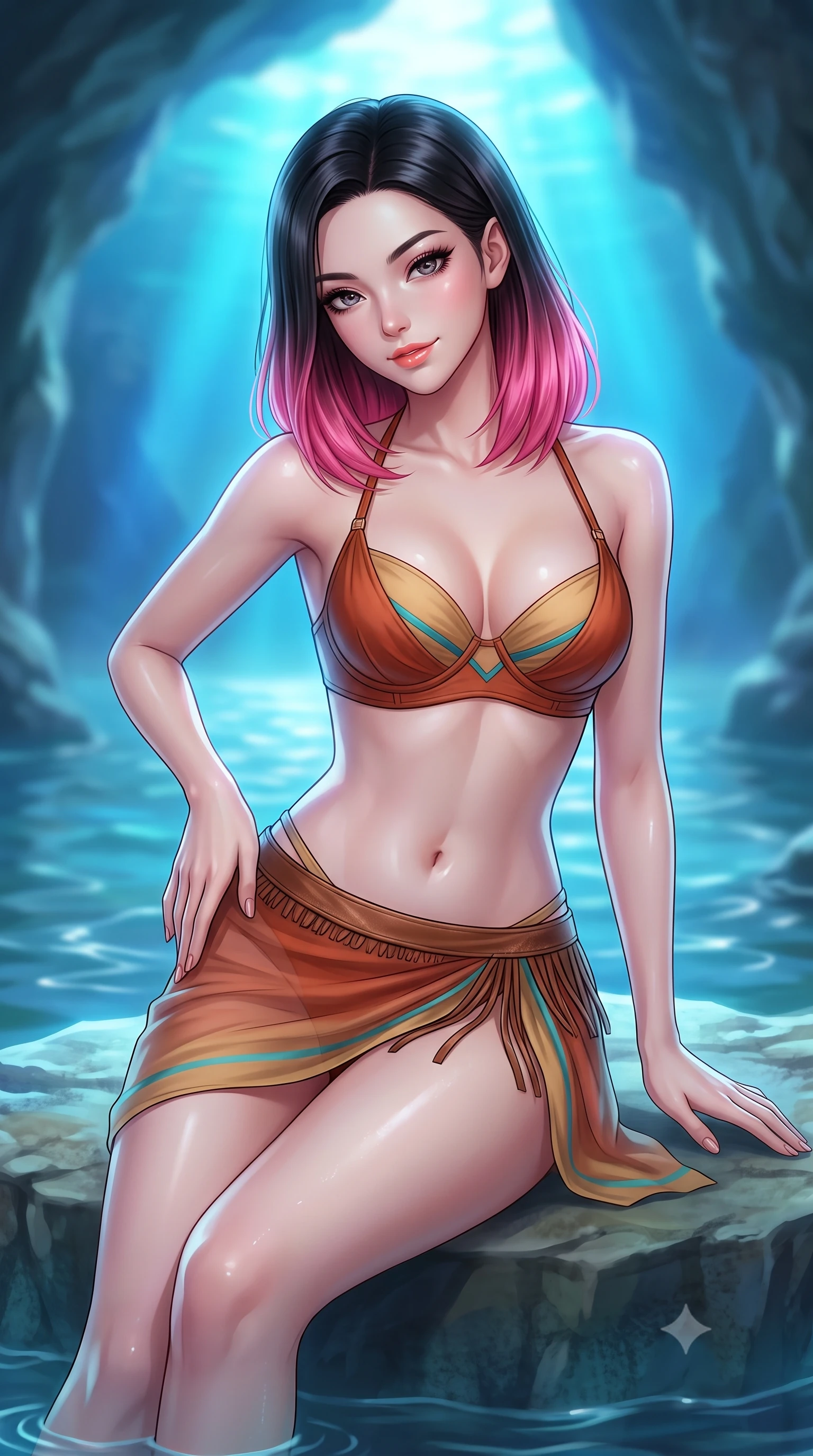 score_9, masterpiece, best quality, ultra-detailed, high-budget anime keyframe, semi-realistic 3D game render, editorial fashion photography, tasteful artistic composition, Korean woman. close-up cowboy shot from the waist and thighs up, the character dominates the composition, filling the frame with her large presence. tilting her head with a teasing half-smile, running one hand slowly down the side of her hip in a flirtatious S-curve as ambient light caresses her silhouette while sitting on the submerged limestone rock ledge inside the luminous sea cave, arching her back with breathtaking sea-nymph siren grace. The background shows a soft-focus grotto entrance ripples softened in mysterious maritime subterranean shallow focus. She has an exceptionally elegant, slender, and willowy female figure with an ultra-slim waist, flat toned midriff, narrow ribcage, and sculpted feminine hips creating an alluring, slim hourglass silhouette without bulk. sharp v-shaped jawline, high-bridge nose, sparkling eyes with hypnotic seductive depth, thick curled eyelashes, glossy parted lips with a natural dewy peach sheen, alluring bedroom-eyes with an enchanting coquettish smile, exuding magnetic siren charisma and sophisticated glamour, flawlessly proportioned anatomical accuracy, strict slender model proportions, natural body alignment, perfectly sculpted long slender limbs, ultra-slim waistline, clean dynamic posture without body distortion. wearing a structured underwire bikini bustier top paired with an ultra-short draped sarong wrap mini skirt in terracotta rust and desert sand gold with turquoise accents, made of sheer gossamer chiffon that drapes softly against skin with airy translucence, finished with a delicate leather fringe trim fluttering along her hip line with kinetic charm, the precision-cut side openings and low-back scoop framing her graceful spine and the sensual sweep of her slim, toned hips. bathed in ethereal glowing cobalt-and-cyan light radiating upward through the submerged cave opening. highly saturated vibrant anime colors, detailed shading with soft gradients, rich glossy textures, high-contrast stereoscopic depth, volumetric dynamic lighting, master piece, 9:16 ratio