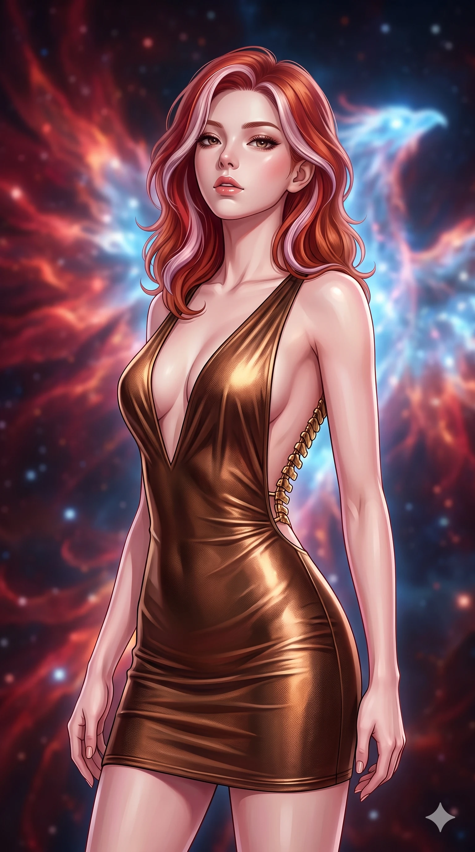 score_9, masterpiece, best quality, ultra-detailed, high-budget anime keyframe, editorial fashion photography, tasteful artistic composition, Caucasian woman, strictly human ears. close-up cowboy shot from the waist and thighs up, the character dominates the composition, filling the frame with her large presence, background elements kept in soft focus. Tilting her chin up slightly with lips parted in a composed expression. set against a soft-focus background of inside a spectacular nebula naturally shaped like a cosmic phoenix where dying red giant stars shed their outer layers in explosive color birthing brilliant new blue-white stars in cascading chain reactions. She has an exceptionally elegant and slender, willowy female figure with an ultra-slim waist, a gracefully sculpted slender torso, and a refined slim physique. sharp v-shaped jawline, high-bridge nose, intricate jewel-like eyes with depth, thick eyelashes, glossy lips with a natural sheen. wearing a deep-V bodycon mini dress in shifting liquid bronze, featuring a dramatic open back and gold spine hardware. dramatic contrast between dying red giant warm crimson light and newborn blue-white star brilliance creating a phoenix palette of fire orange and electric blue rebirth light. 2k, ultra detail, master piece, 9:16 ratio