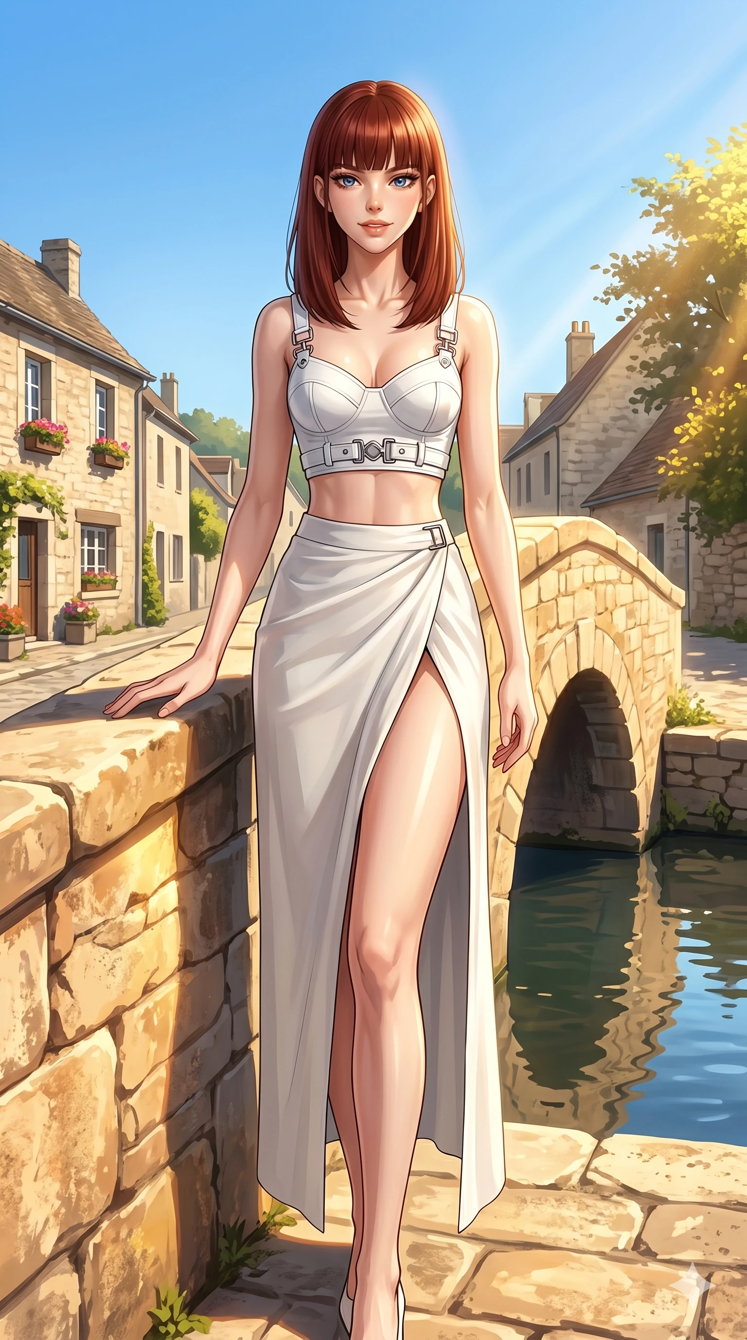 score_9, masterpiece, best quality, ultra-detailed, high-budget anime keyframe, editorial fashion photography, tasteful artistic composition, Caucasian woman, strictly human ears. cowboy shot from the thighs up, character and outfit filling the frame for maximum editorial presence. posing with bright, confident self-assurance, one hand on the bridge stone standing on a stone bridge over a canal in a sunny country village. She has an absolutely perfect 8-heads proportion, an exceptionally tall and slender female figure with impossibly long slender legs and an ultra-slim waist. V-shaped jawline, high-bridge nose, intricate jewel-like eyes with depth, thick eyelashes, glossy lips with a natural sheen. wearing a structured white crop top with chrome hardware and high-slit wrap skirt. drenched in brilliant midday sunshine casting sharp, warm rays on her figure. 2k, ultra detail, master piece, 9:16 ratio