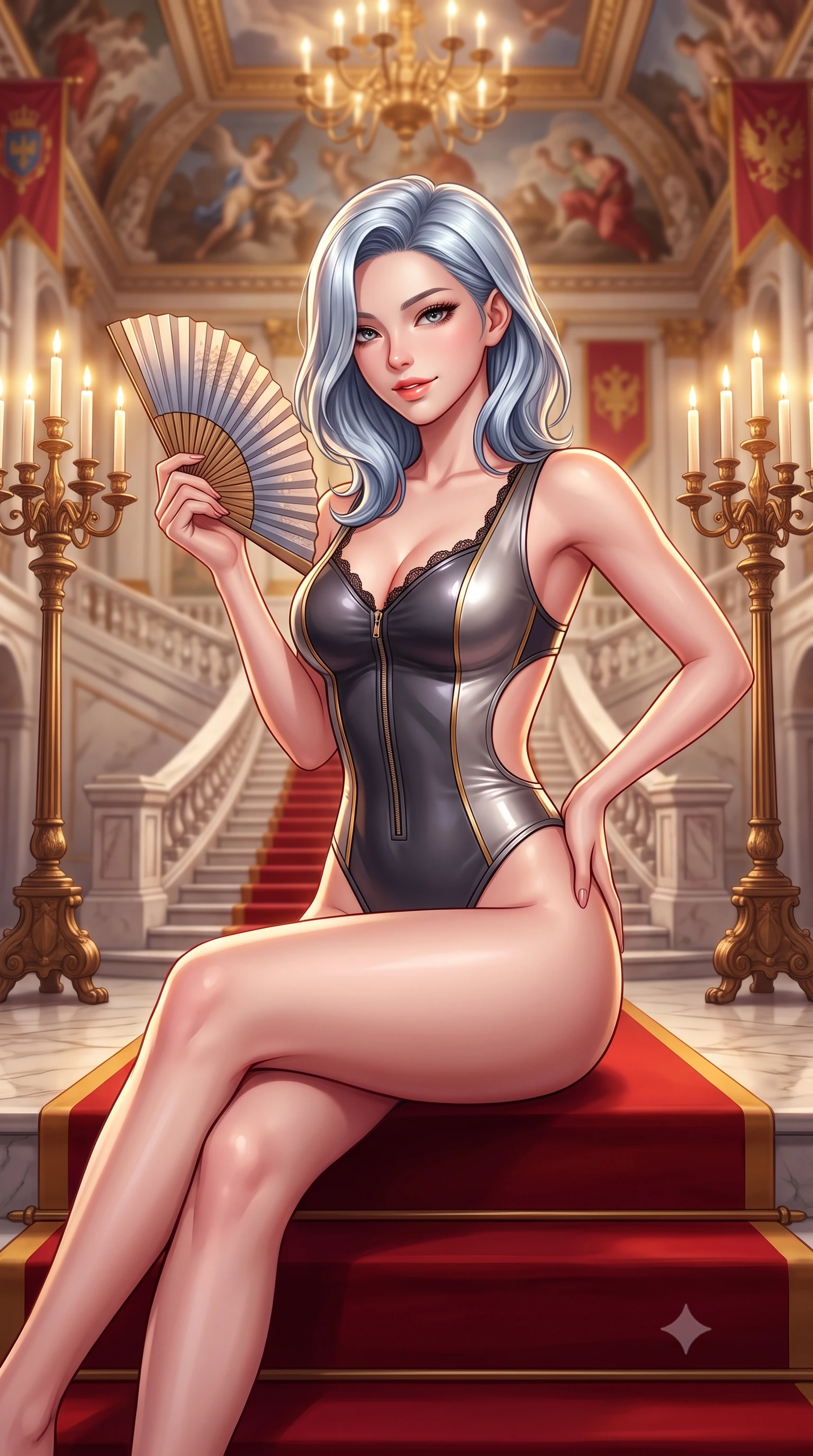 score_9, masterpiece, best quality, ultra-detailed, high-budget anime keyframe, semi-realistic 3D game render, editorial fashion photography, tasteful artistic composition, Korean woman. close-up cowboy shot from the waist and thighs up, the character dominates the composition, filling the frame with her large presence. tilting her head with a teasing half-smile, running one hand slowly down the side of her hip in a flirtatious S-curve as ambient light caresses her silhouette while sitting poised on the red-carpeted marble landing with legs extended, holding a silk fan with effortless aristocratic allure. The background shows a soft-focus monumental marble imperial staircase with double sweeping flights, soaring mythological ceiling frescoes, and imperial heraldic banners blurred into ivory, ruby, and gold bokeh. She has an exceptionally elegant, slender, and willowy female figure with an ultra-slim waist, flat toned midriff, narrow ribcage, and sculpted feminine hips creating an alluring, slim hourglass silhouette without bulk. sharp v-shaped jawline, high-bridge nose, sparkling eyes with hypnotic seductive depth, thick curled eyelashes, glossy parted lips with a natural dewy peach sheen, alluring bedroom-eyes with an enchanting coquettish smile, exuding magnetic siren charisma and sophisticated glamour, flawlessly proportioned anatomical accuracy, strict slender model proportions, natural body alignment, perfectly sculpted long slender limbs, ultra-slim waistline, clean dynamic posture without body distortion. wearing a form-contouring wet-look neoprene zip-front maillot with high-cut leg openings and gold racing side trims in smoky charcoal and metallic platinum, tailored from fine structural neoprene with crisp architectural edges and smooth contouring, finished with scalloped eyelash lace trim framing her sweetheart neckline with intimate elegance, the precision-cut side openings and low-back scoop framing her graceful spine and the sensual sweep of her slim, toned hips. bathed in warm golden light from towering bronze candelabras and overhead palace chandeliers. highly saturated vibrant anime colors, detailed shading with soft gradients, rich glossy textures, high-contrast stereoscopic depth, volumetric dynamic lighting, master piece, 9:16 ratio