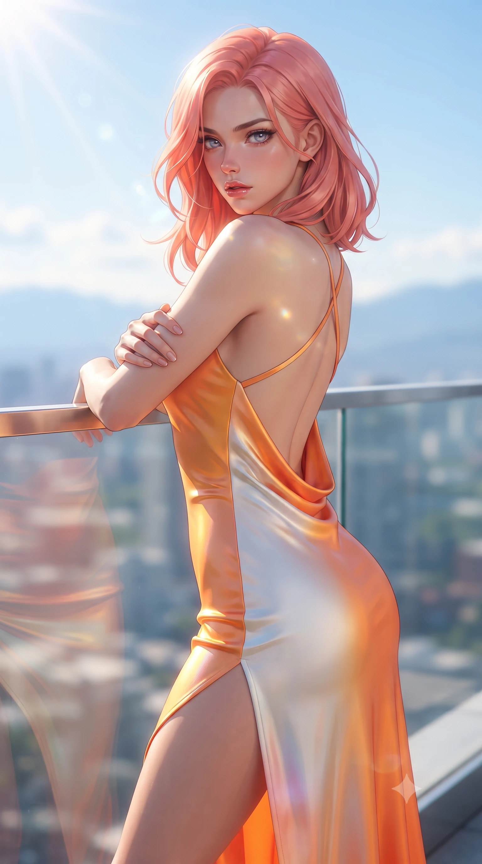 score_9, masterpiece, best quality, ultra-detailed, high-budget anime keyframe, editorial fashion photography, tasteful artistic composition, Japanese woman. close-up cowboy shot from the waist and thighs up, the character dominates the composition, filling the frame with her large presence. gazing directly into the lens with bedroom eyes and a breathtaking, dangerous allure that commands the entire composition while leaning gracefully against a sunlit glass parapet with a magnetic smolder as high-altitude breezes flutter her dress. The composition keeps background elements in soft focus with creamy bokeh. brilliant high-altitude sunrays scattering radiant light across a dreamy blue backdrop. She has an exceptionally elegant, slender, and willowy female figure with an ultra-slim waist, a gracefully sculpted slender torso, toned flat midriff, and a refined slim silhouette. sharp v-shaped jawline, high-bridge nose, intricate jewel-like eyes with depth, thick eyelashes, glossy lips with a natural sheen, flawlessly proportioned anatomical accuracy, strict slender model proportions, natural body alignment, perfectly sculpted long slender limbs, ultra-slim waistline, clean dynamic posture without body distortion. wearing a precision-fitted liquid jersey bodycon dress with a dramatic draped cowl back that swoops down to her waist and a high side slit in vivid sunset amber orange and cloud white, made of smooth iridescent silk chiffon that shifts colors with movement, complemented by criss-cross back straps highlighting her completely bare spine, the glove-like aerodynamic second-skin fit tightly clinging to her ultra-slender waist and athletic curves without adding bulk, accentuating her razor-sharp statuesque lines and slim hourglass silhouette. bathed in brilliant high-noon sunbursts and rich sky-blue ambient bounce light. ultra-reflective glossy finish, specular highlights, metallic sheen, high-contrast stereoscopic depth, volumetric dynamic lighting, 2k, ultra detail, master piece, 9:16 ratio