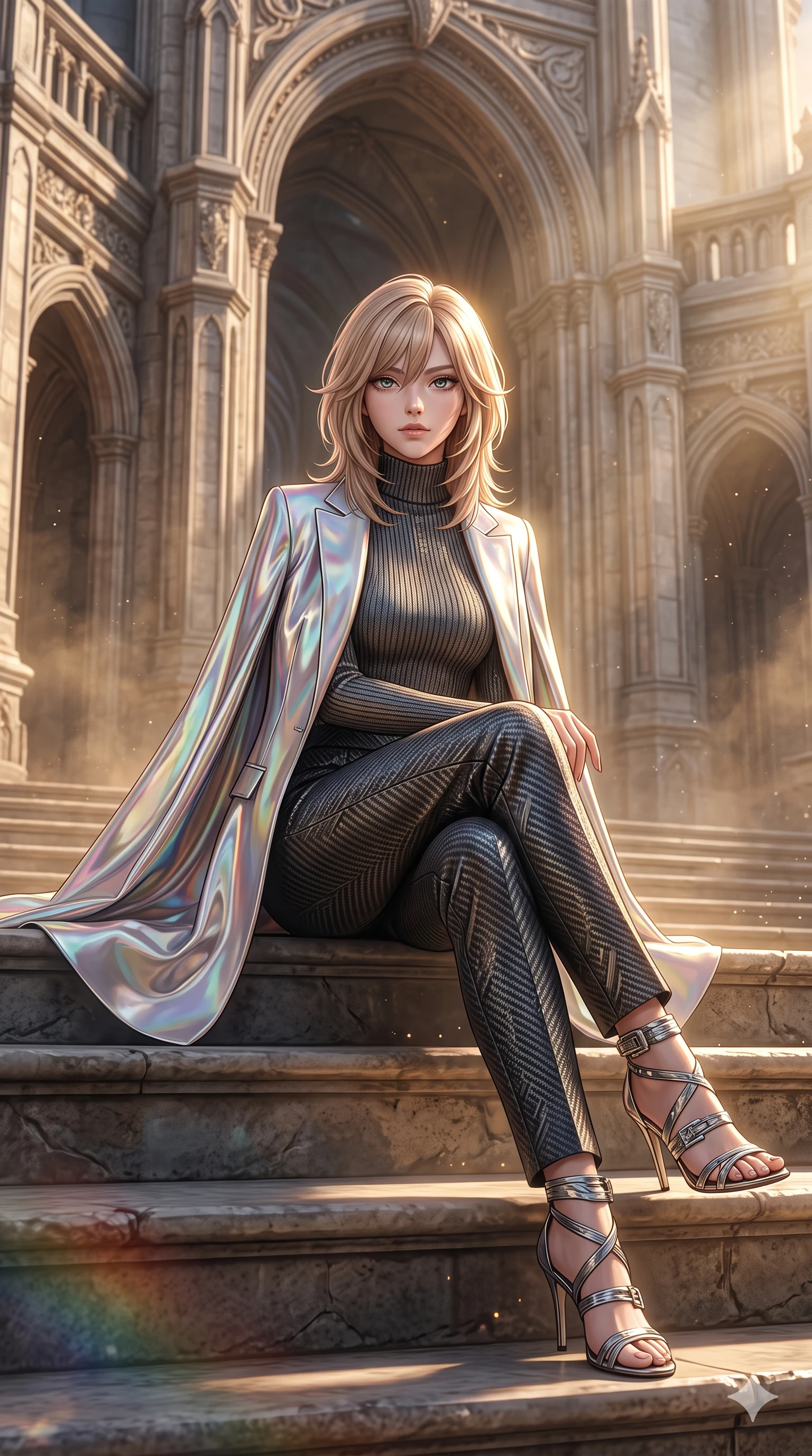 score_9, masterpiece, best quality, ultra-detailed, high-budget anime keyframe, semi-realistic 3D game render, editorial fashion photography, tasteful artistic composition, Japanese woman. low angle full-body shot from head to toe showing her feet, filling the entire 9:16 vertical frame with her statuesque presence, stretching her vertical silhouette. sitting poised on the stone steps with one knee bent, arching her spine with supermodel elegance as she glances upward through thick eyelashes while twisting her slender torso in an alluring S-curve, blinding golden corona rays curving dynamically around her flat midriff and hourglass curves. The surrounding environment is rendered in vivid detail and crisp panoramic clarity: detailed anime styling, glossy highlights, and monumental planetary scale in high resolution. She has an exceptionally tall and slender model-like 8.5-heads proportion, an ultra-slim waist, a flat toned midriff, narrow delicate ribcage, and beautifully sculpted feminine hips creating a graceful, slim hourglass silhouette without any bulky heaviness, with impossibly long slender legs. sharp v-shaped jawline, high-bridge nose, intricate jewel-like sparkling eyes with depth, thick eyelashes, glossy parted lips with a natural peach sheen, bright cheerful beaming smile with an enchanting and coquettish sensual glint, exuding both youthful cute charm and seductive allure, flawlessly proportioned anatomical accuracy, strict slender model proportions, natural body alignment, perfectly sculpted long slender limbs, ultra-slim waistline, clean dynamic posture without body distortion. wearing a tailored cyber-haute couture cape blazer layered over a high-neck ribbed knit top and tailored trousers in iridescent mother-of-pearl and liquid molten silver, woven from structured carbon-fiber jacquard with rich textural depth, complemented by strappy stiletto sandals with metallic ankle wraps accentuating her slender calves, the impeccably tailored cut draping gracefully along her slender figure with aristocratic poise. illuminated by ring deck reflection bounce and intense corona-gold rim lights defining her jawline, narrow waist, and curvy hips. highly saturated vibrant anime colors, detailed shading with soft gradients, rich glossy textures, high-contrast stereoscopic depth, volumetric dynamic lighting, master piece, 9:16 ratio