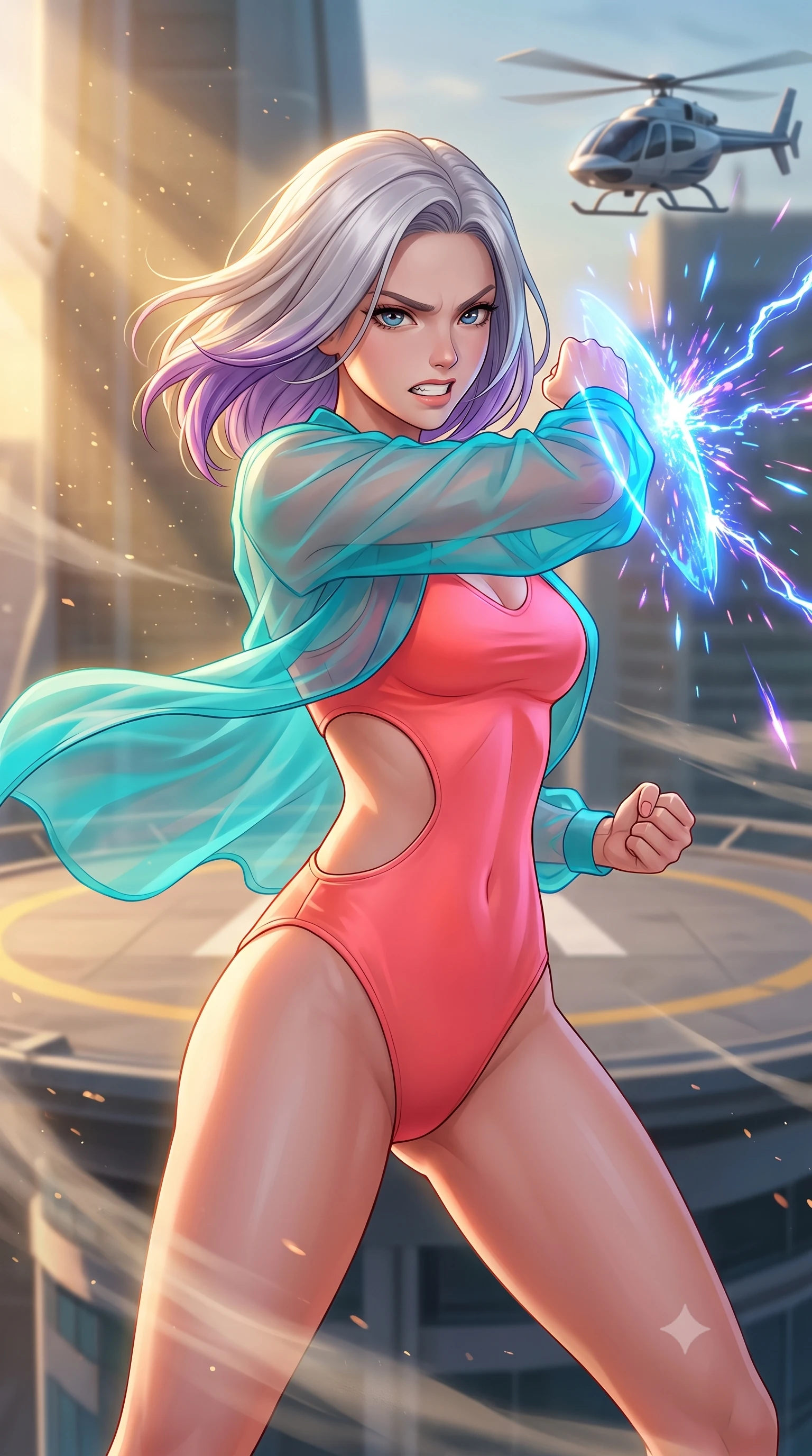 score_9, masterpiece, best quality, ultra-detailed, high-budget anime keyframe, editorial fashion photography, tasteful artistic composition, Caucasian woman, strictly human ears. close-up cowboy shot from the waist and thighs up, the character dominates the composition, filling the frame with her large presence, background elements kept in soft focus. Deflecting incoming plasma bolts with a glowing energy shield attached to her forearm, teeth grit in determination. set against a soft-focus background of a circular helipad extending from a skyscraper, wind whipping past as a sleek hover-copter lands. She has an exceptionally elegant and slender, willowy female figure with an ultra-slim waist, a gracefully sculpted slender torso, and a refined slim physique. sharp v-shaped jawline, high-bridge nose, intricate jewel-like eyes with depth, thick eyelashes, glossy lips with a natural sheen. wearing the lightweight fabric rippling and billowing dramatically with her movement, a form-contouring vibrant coral pink bodysuit with a dramatic open-waist cutout, layered with a sheer turquoise organza wrap shrug. highly saturated vibrant anime colors, intense vivid color palette, soft 3D volumetric shading, volumetric dynamic lighting, golden hour sunlight streaming in warm shafts with floating dust particles catching the light. 2k, ultra detail, master piece, 9:16 ratio