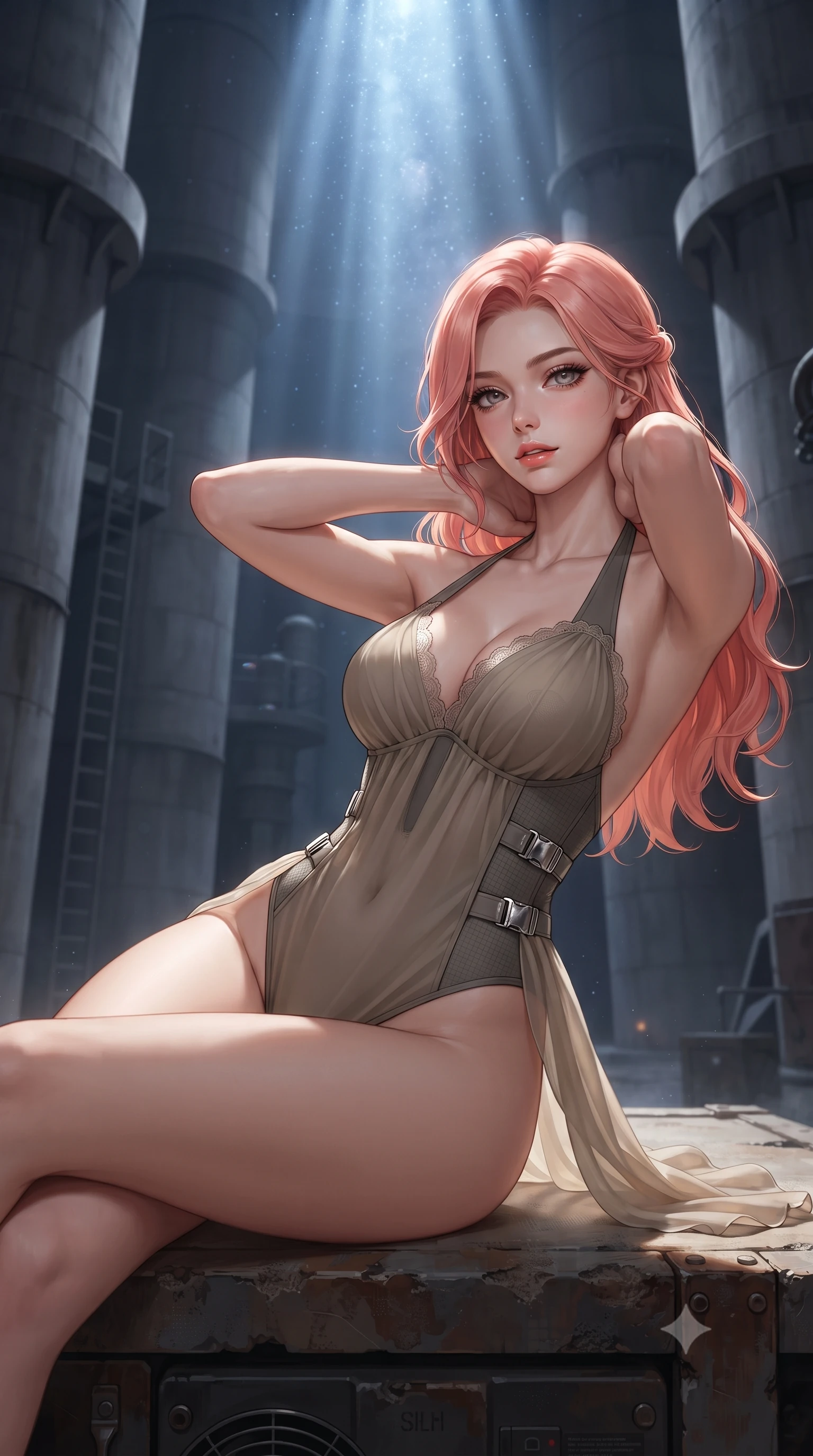 score_9, masterpiece, best quality, ultra-detailed, high-budget anime keyframe, editorial fashion photography, tasteful artistic composition, Japanese woman. close-up cowboy shot from the waist and thighs up, the character dominates the composition, filling the frame with her large presence. resting both hands lightly behind her neck with elbows raised, arching her spine to highlight her narrow waist, flat midriff, and breathtaking collarbones while lounging on an equipment platform propped on one elbow, her statuesque 8.5-heads silhouette commanding the monumental concrete interior. The background shows a soft-focus distant catwalk ladders softened in colossal industrial shallow focus. She has an exceptionally elegant, slender, and willowy female figure with an ultra-slim waist, flat toned midriff, narrow ribcage, and sculpted feminine hips creating an alluring, slim hourglass silhouette without bulk. sharp v-shaped jawline, high-bridge nose, sparkling eyes with hypnotic seductive depth, thick curled eyelashes, glossy parted lips with a natural dewy peach sheen, alluring bedroom-eyes with an enchanting coquettish smile, exuding magnetic siren charisma and sophisticated glamour, flawlessly proportioned anatomical accuracy, strict slender model proportions, natural body alignment, perfectly sculpted long slender limbs, ultra-slim waistline, clean dynamic posture without body distortion. wearing a slinky backless halterneck tactical leotard with micro-ripstop side panels and quick-release chrome buckles in tactical desert sand khaki and matte carbon grey, made of sheer gossamer chiffon that drapes softly against skin with airy translucence, finished with scalloped eyelash lace trim framing her sweetheart neckline with intimate elegance, the form-contouring silhouette accentuating her sculpted flat midriff, narrow delicate ribcage, and gracefully curvy hips with intoxicating allure. bathed in a dramatic shaft of celestial starlight and moonlight descending straight down the center of the tower. ultra-reflective glossy finish, specular highlights, rich textural contrasts, high-contrast stereoscopic depth, volumetric dynamic lighting, 2k, ultra detail, master piece, 9:16 ratio