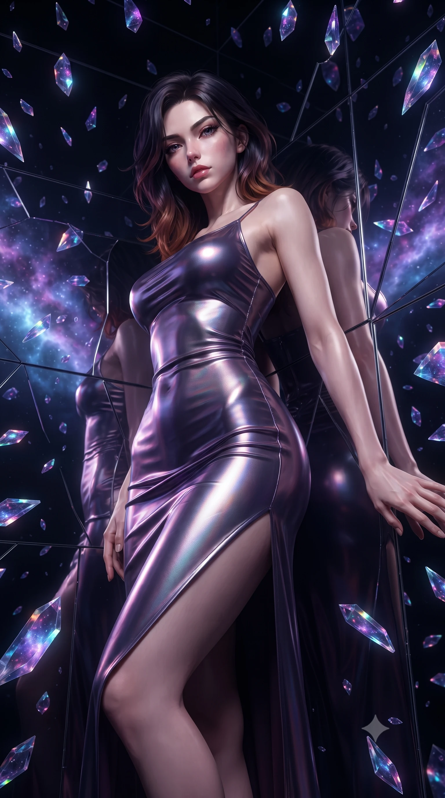 score_9, masterpiece, best quality, ultra-detailed, High-budget Anime Keyframe, editorial fashion photography, tasteful artistic composition, realistic cosplay photography, East Asian woman. Low angle cowboy shot filling the entire 9:16 frame with her statuesque presence. Scenario 296: leaning back against a wall of virtual mirrors in a dark void filled with floating crystal shards reflecting purple nebulae. Her presence is magnetic and overpowering in this high-budget cinematic scene. Outfit 296: a body-hugging molten liquid silk sheer with a thigh-high slit and tight-fitting silhouette. The clothing is designed to emphasize her exceptionally tall and slender 8-heads proportion. 8-heads proportion, towering silhouette, ultra-slim waist. sharp v-shaped jawline, intricate jewel-like eyes with depth, thick eyelashes, glossy lips. ultra-reflective glossy finish, specular highlights, metallic sheen, high-contrast stereoscopic depth, volumetric dynamic lighting, 2k, ultra detail, master piece, 9:16 ratio