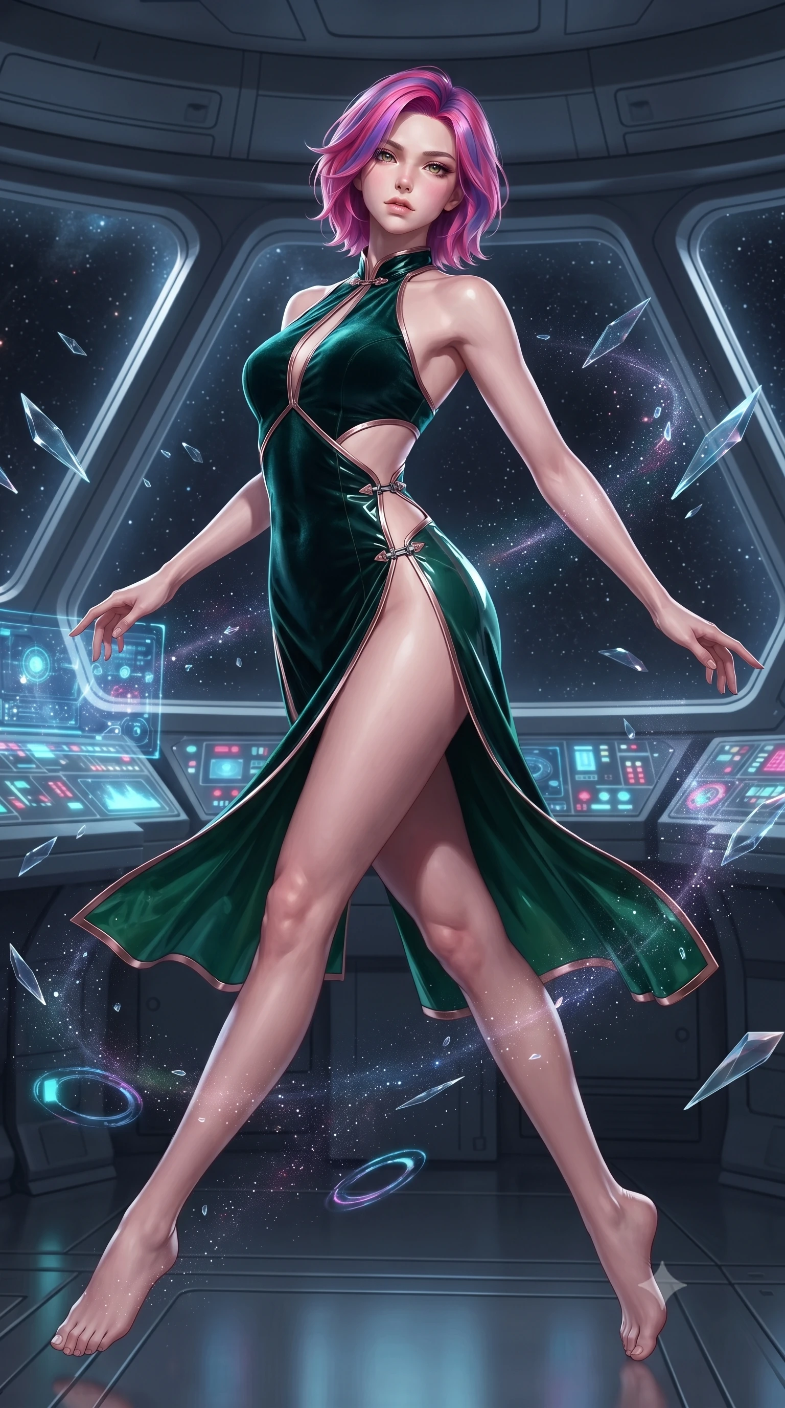 score_9, masterpiece, best quality, ultra-detailed, high-budget anime keyframe, editorial fashion photography, tasteful artistic composition, Caucasian woman. low angle full-body shot from head to toe showing her feet, filling the entire 9:16 vertical frame with her statuesque presence, stretching her vertical silhouette. pivoting dynamically in mid-motion with a breathtakingly alluring posture, displaying her flawless model proportions and ultra-slim waist while drifting in zero-gravity near a giant panoramic bridge viewport with cosmic stardust swirling around her limbs. The surrounding environment is rendered in vivid detail and crisp panoramic clarity. intricate starship control console buttons, floating alloy shard edges, and supernova shockwave rings in deep focus. She has an absolutely perfect, statuesque 8.5-heads proportion, an exceptionally tall and slender model-like female figure with impossibly long slender legs and an ultra-slim waist. sharp v-shaped jawline, high-bridge nose, intricate jewel-like eyes with depth, thick eyelashes, glossy lips with a natural sheen, flawlessly proportioned anatomical accuracy, natural body alignment, perfectly sculpted elegant limbs, clean dynamic posture without body distortion. wearing a velvet halter-neck midi dress fitting her statuesque contour flawlessly with a Tasteful chest slit and open spine in emerald green and metallic rose gold trim, formed from high-gloss patent material with specular light reflections, finished with an ultra-high side slit secured by miniature magnetic clasps, the daring cutouts accentuating her delicate midriff, graceful collarbones, and feminine contour. illuminated by glowing holographic console uplights and sharp starlight rim highlights. ultra-reflective glossy finish, specular highlights, metallic sheen, high-contrast stereoscopic depth, volumetric dynamic lighting, 2k, ultra detail, master piece, 9:16 ratio