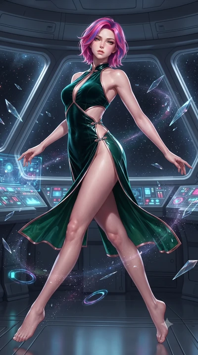 score_9, masterpiece, best quality, ultra-detailed, high-budget anime keyframe, editorial fashion photography, tasteful artistic composition, Caucasian woman. low angle full-body shot from head to toe showing her feet, filling the entire 9:16 vertica