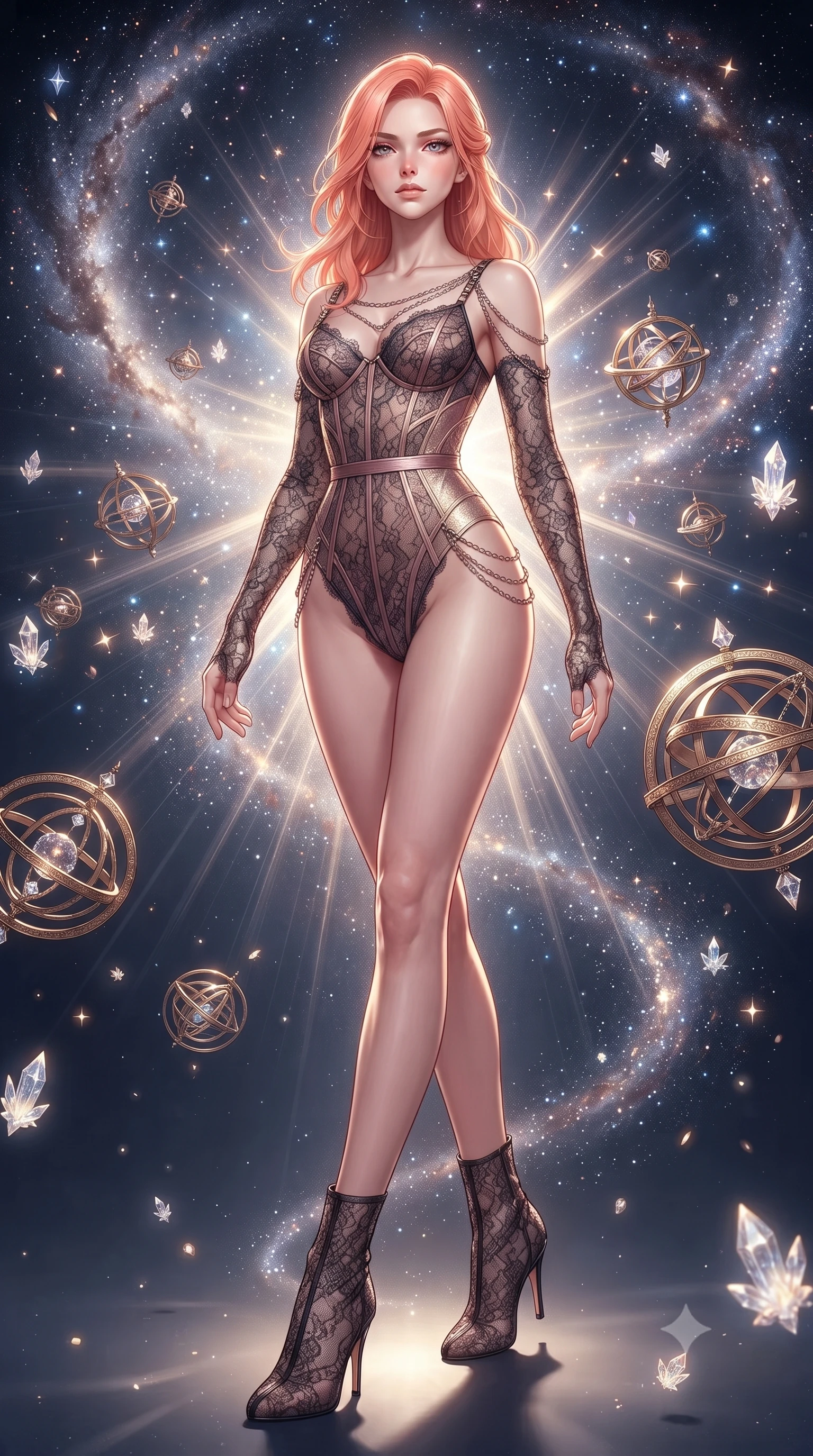 score_9, masterpiece, best quality, ultra-detailed, high-budget anime keyframe, editorial fashion photography, tasteful artistic composition, Japanese woman. low angle full-body shot from head to toe showing her feet, filling the entire 9:16 vertical frame with her statuesque presence, stretching her vertical silhouette. stepping forward with proud posture, filling the vertical frame with her magnetic presence surrounded by floating armillary spheres and glowing starlight crystals, swirling galaxy dust creating luminous arcs in the air. She has an absolutely perfect, statuesque 8.5-heads proportion, an exceptionally tall and slender model-like female figure with impossibly long slender legs and an ultra-slim waist. sharp v-shaped jawline, high-bridge nose, intricate jewel-like eyes with depth, thick eyelashes, glossy lips with a natural sheen. wearing a sheer dark lace pattern bodysuit with structured corsetry boning in dusty rose and champagne gold, woven from fine semi-opaque sheer organza, adorned with delicate metallic chain straps along the neckline, the glove-like fit emphasizing her statuesque silhouette. surrounded by a glowing aura of starlight and shimmering celestial rays. ultra-reflective glossy finish, specular highlights, metallic sheen, high-contrast stereoscopic depth, volumetric dynamic lighting, 2k, ultra detail, master piece, 9:16 ratio
