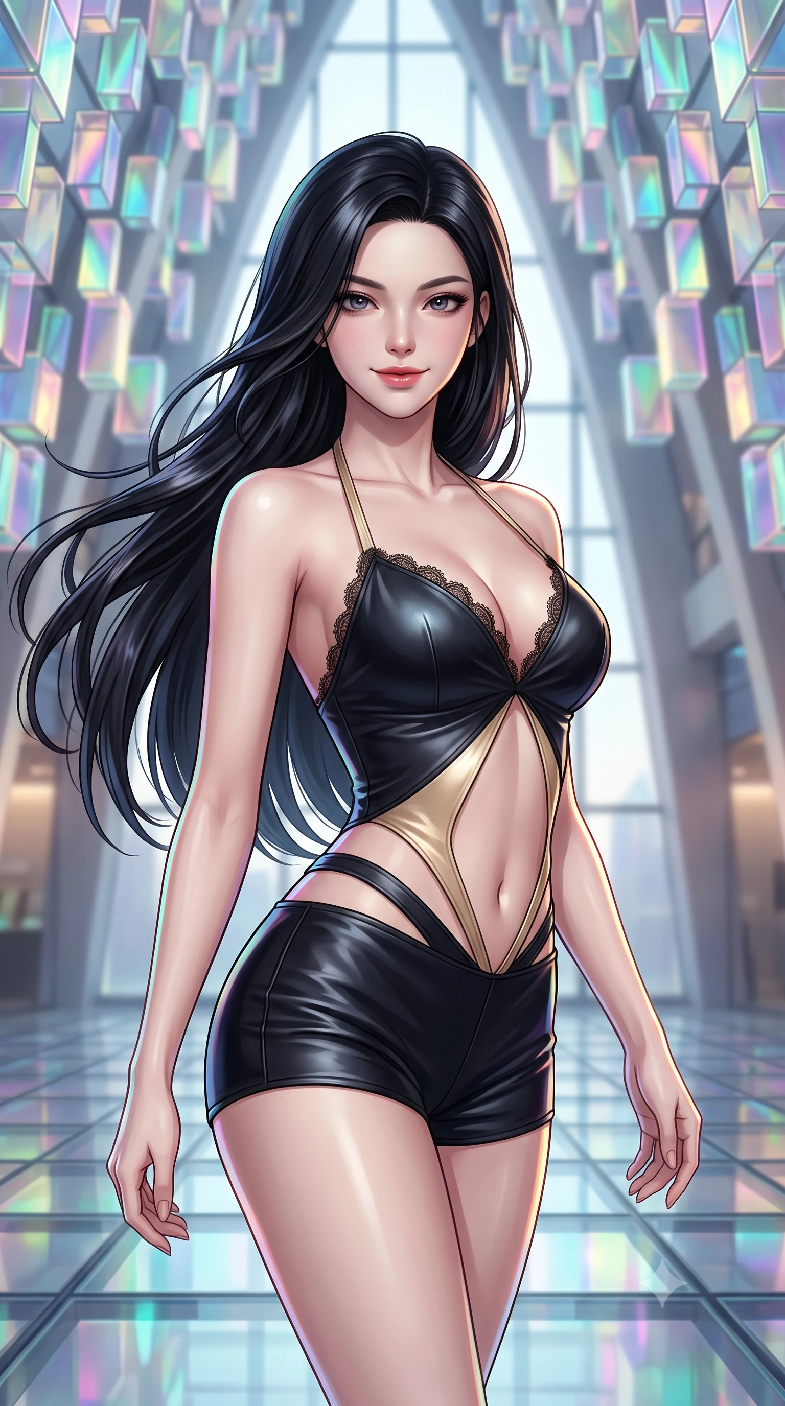 score_9, masterpiece, best quality, ultra-detailed, high-budget anime keyframe, editorial fashion photography, tasteful artistic composition, Korean woman. close-up cowboy shot from the waist and thighs up, the character dominates the composition, filling the frame with her large presence. turning slowly with an enchanting smoldering smile, her glossy hair tossing in the breeze as her hips angle gracefully in a captivating contrapposto while standing poised inside the monumental glass atrium beneath thousands of geometric dichroic glass quasi-bricks, arching her spine with futuristic supermodel poise. The background shows a soft-focus soaring architectural ceiling voids softened in iconic Nordic cultural landmark shallow focus. She has an exceptionally elegant, slender, and willowy female figure with an ultra-slim waist, flat toned midriff, narrow ribcage, and sculpted feminine hips creating an alluring, slim hourglass silhouette without bulk. sharp v-shaped jawline, high-bridge nose, intricate jewel-like sparkling eyes with depth, thick eyelashes, glossy parted lips with a natural peach sheen, bright cheerful beaming smile with an enchanting and coquettish sensual glint, exuding both youthful cute charm and seductive allure, flawlessly proportioned anatomical accuracy, strict slender model proportions, natural body alignment, perfectly sculpted long slender limbs, ultra-slim waistline, clean dynamic posture without body distortion. wearing a daring low-cut halterneck romper with exposed midriff and strappy hip cutouts in deep midnight obsidian black and champagne gold, woven from buttery-soft stretch lambskin leather adhering to her body like a second skin, finished with scalloped eyelash lace trim framing her sweetheart neckline with intimate elegance, the glove-like clinging cut tightly following the natural contour of her hips and long slender legs with youthful 8.5-heads elegance. illuminated by glass floor reflection bounce and sharp prism-rainbow rim lights defining her razor-sharp jawline, narrow waist, and curvy hips. ultra-reflective glossy finish, specular highlights, rich textural contrasts, high-contrast stereoscopic depth, volumetric dynamic lighting, 2k, ultra detail, master piece, 9:16 ratio