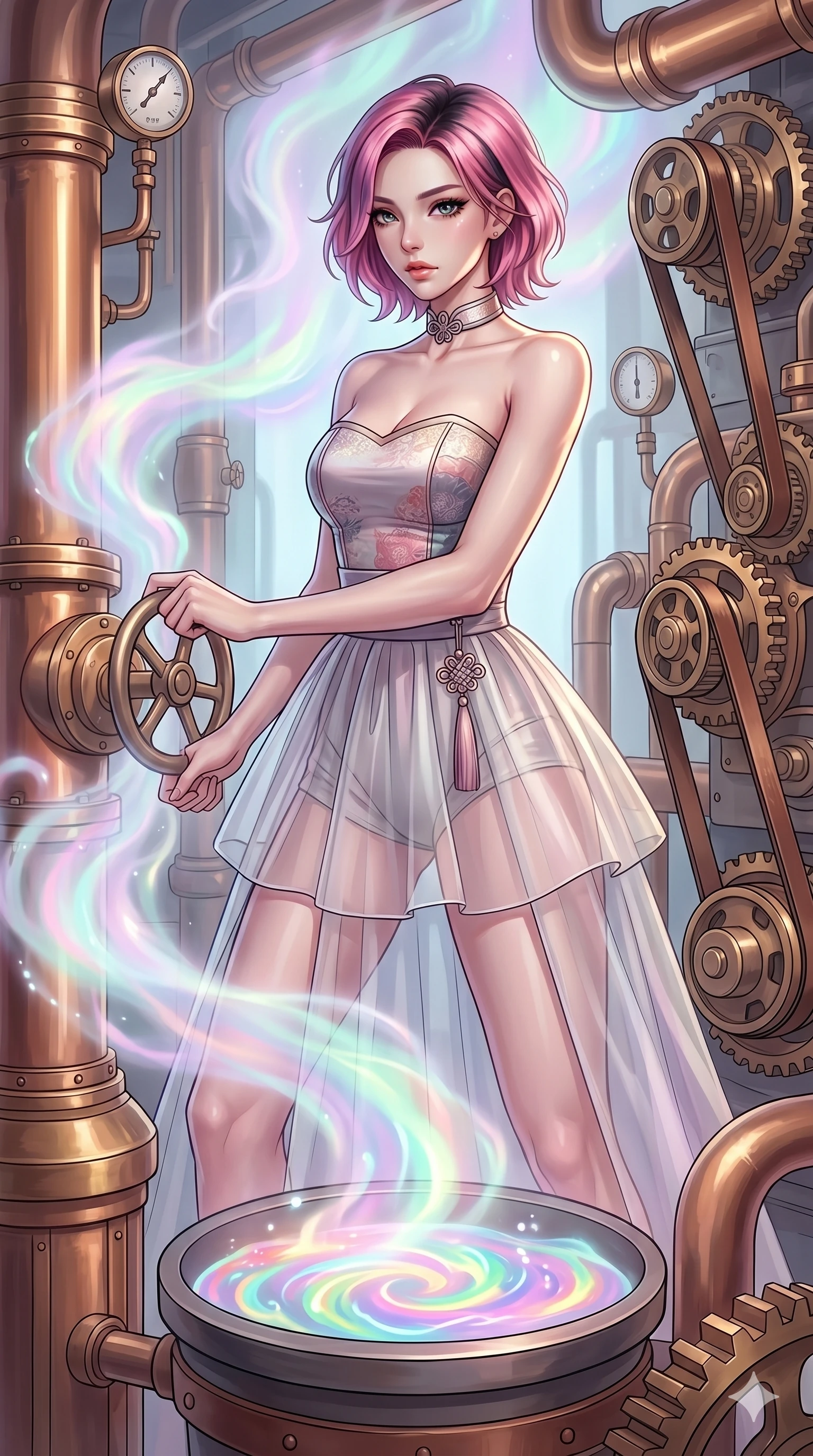 score_9, masterpiece, best quality, ultra-detailed, high-budget anime keyframe, Korean woman. upper body close-up from the thighs up, character filling the screen for maximum presence. operating a steampunk aurora foundry surrounded by massive copper pipes and leather belts, where pastel aurora gas billows from valves and liquid rainbow energy boils in a crucible. She has an absolutely perfect 8-heads proportion, an exceptionally tall and slender female figure with impossibly long slender legs and an ultra-slim waist. V-shaped jawline, high-bridge nose, intricate jewel-like eyes with depth, thick eyelashes, glossy lips with a natural sheen.. wearing a modern fusion silk hanbok dress, featuring a silk bustier top, layered sheer organza skirts, and a traditional knot choker. lit by a soft glowing ambient light and a sharp side key light that traces the sleek contours of her athletic build. 2k, ultra detail, master piece, 9:16 ratio
