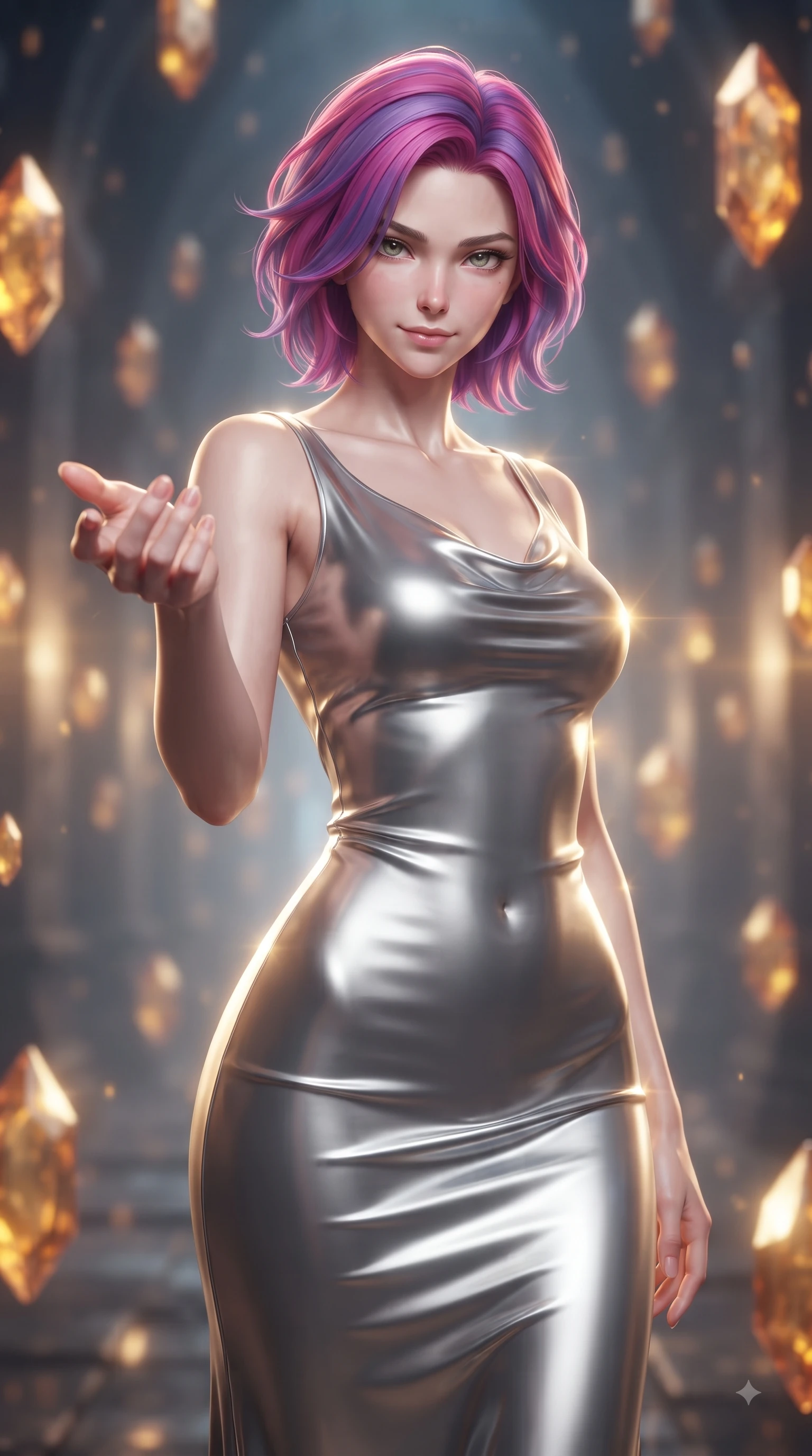 score_9, masterpiece, best quality, ultra-detailed, high-budget anime keyframe, editorial fashion photography, tasteful artistic composition, Caucasian woman woman. close-up cowboy shot from the waist and thighs up, the character dominates the composition, filling the frame with her large presence, background elements kept in soft focus. She has an exceptionally elegant, slender, and willowy female figure with an ultra-slim waist, a gracefully sculpted slender torso, and a refined silhouette. reaching one hand toward the viewer with relaxed elegance, her gaze holding quiet authority, flawlessly proportioned anatomical accuracy, natural body alignment, perfectly sculpted elegant limbs, clean dynamic posture without body distortion. set against a soft-focus background of a temporal corridor with floating amber time crystals. wearing a sleek bodycon liquid silver jersey dress hugging every curve with a subtle cowl neckline. bathed in golden temporal energy flares casting dramatic volumetric rim lighting. ultra-reflective glossy finish, specular highlights, metallic sheen, high-contrast stereoscopic depth, volumetric dynamic lighting, 2k, ultra detail, master piece, 9:16 ratio