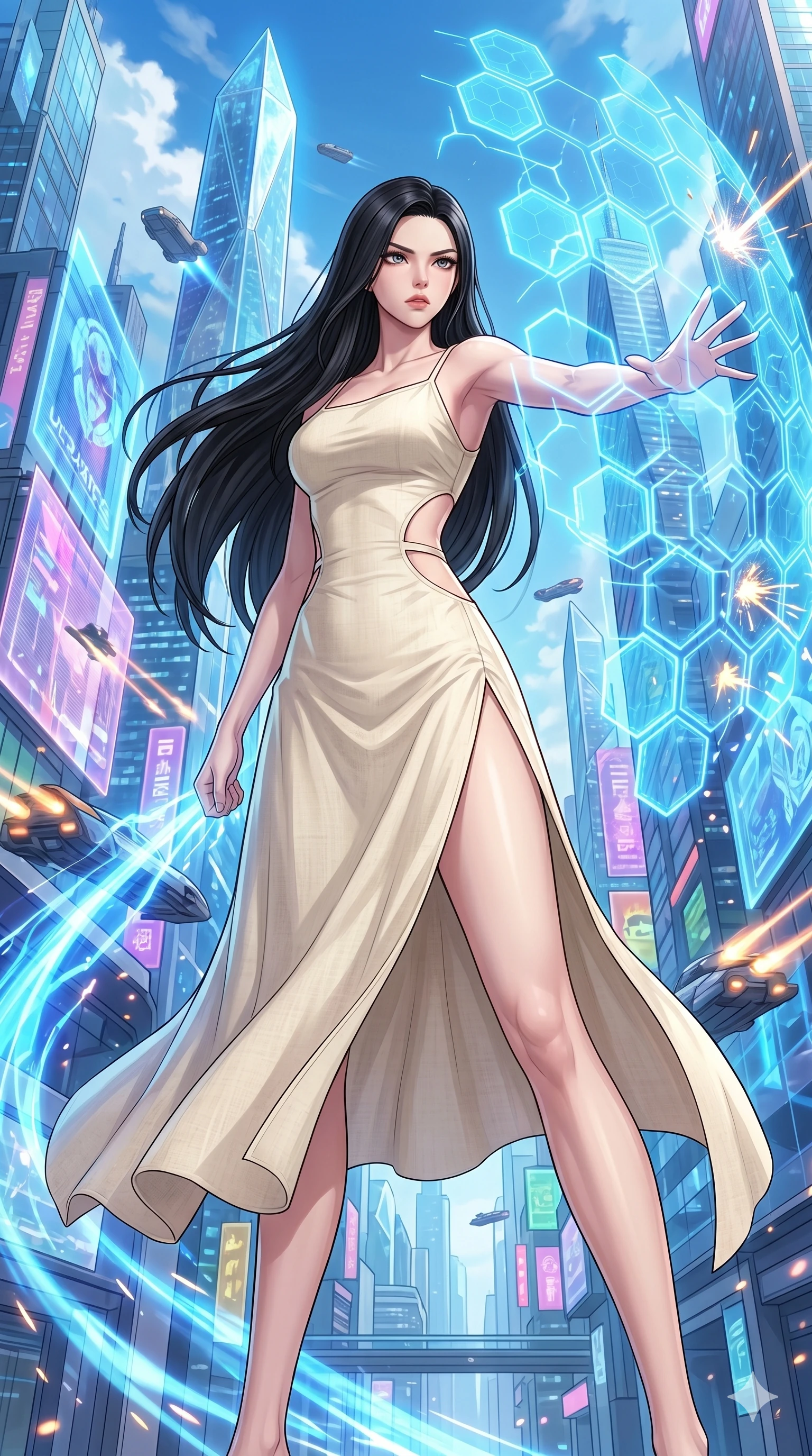 score_9, masterpiece, best quality, ultra-detailed, High-budget Anime Keyframe, beautiful Korean anime girl. Low angle cowboy shot filling the entire 9:16 frame with her statuesque presence. Summoning a shield made of hexagonal energy tiles in a futuristic city battle. She has an absolutely perfect 8-heads proportion, an exceptionally tall and slender female figure with impossibly long slender legs and an ultra-slim waist. Sharp v-shaped jawline, high-bridge nose, intricate jewel-like eyes with depth, thick eyelashes, glossy lips with a natural sheen. Wearing a Seasonal/Resort outfit: cream linen sundress with side cut-outs and a high side slit. Background is a bright and colorful metropolis with glowing blue energy effects and dynamic motion. 2k, ultra detail, master piece, 9:16 ratio