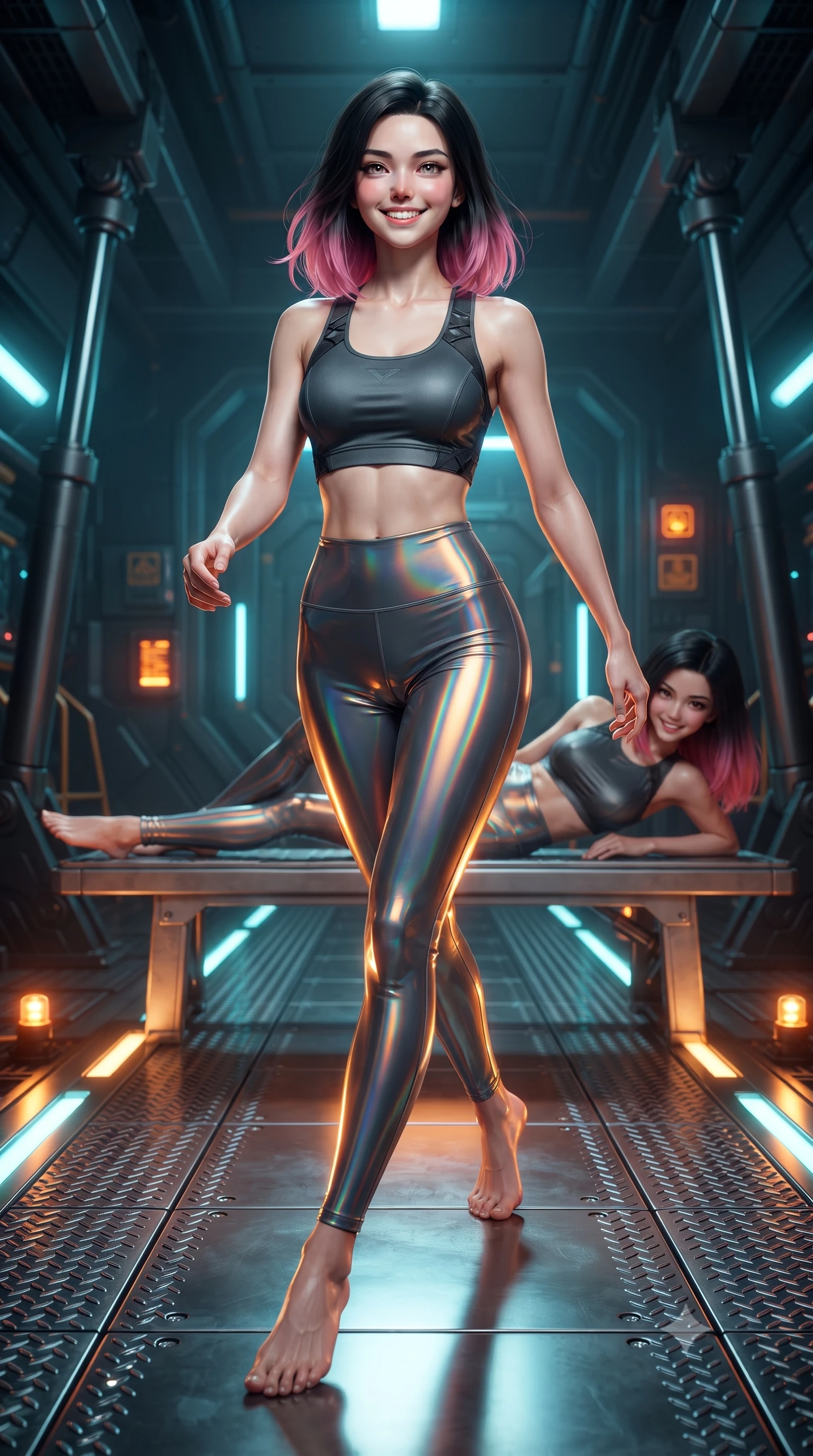 score_9, masterpiece, best quality, ultra-detailed, high-budget anime keyframe, editorial fashion photography, tasteful artistic composition, Korean woman. low angle full-body shot from head to toe showing her feet, filling the entire 9:16 vertical frame with her statuesque presence, stretching her vertical silhouette. striding forward gracefully across the reflective metal deck in mid-motion with a radiant beaming smile, hips swaying in an alluring kinetic rhythm that accentuates her curvy hourglass silhouette and long slender legs while lounging gracefully on a titanium gantry bench propped on one elbow, her flat midriff and long slender legs glowing in warm fusion flares. The surrounding environment is rendered in vivid detail and crisp panoramic clarity: sharp diamond-tread steel catwalk grating, heavy hydraulic piston textures, and glowing warning beacon clarity in deep focus. She has an absolutely perfect, statuesque 8.5-heads proportion, an exceptionally tall and slender model-like female figure with impossibly long slender legs, an ultra-slim waist, a flat toned midriff, narrow delicate ribcage, and beautifully sculpted feminine hips creating a graceful, slim hourglass silhouette without any bulky heaviness. sharp v-shaped jawline, high-bridge nose, intricate jewel-like sparkling eyes with depth, thick eyelashes, glossy parted lips with a natural sheen, bright confident smile with an enchanting and coquettish sensual glint, exuding both youthful magnetic charm and sovereign high-tech allure, flawlessly proportioned anatomical accuracy, strict slender model proportions, natural body alignment, perfectly sculpted long slender limbs, ultra-slim waistline, clean dynamic posture without body distortion. wearing a tactical racerback athletic crop top paired with skin-tight high-waisted holographic combat leggings in stealth charcoal slate and molten laser orange, woven from layered gossamer holographic organza casting chromatic prism reflections, finished with criss-cross Kevlar tactical straps tracing her graceful shoulder blades, the form-contouring cut accentuating her sculpted flat midriff, narrow delicate ribcage, and gracefully curvy hips with cybernetic supermodel precision. illuminated by cool cyan emergency floor guides and sharp amber rim lighting sculpting her razor-sharp jawline, narrow waist, and curvy hips. ultra-reflective glossy finish, specular highlights, rich textural contrasts, high-contrast stereoscopic depth, volumetric dynamic lighting, 2k, ultra detail, master piece, 9:16 ratio