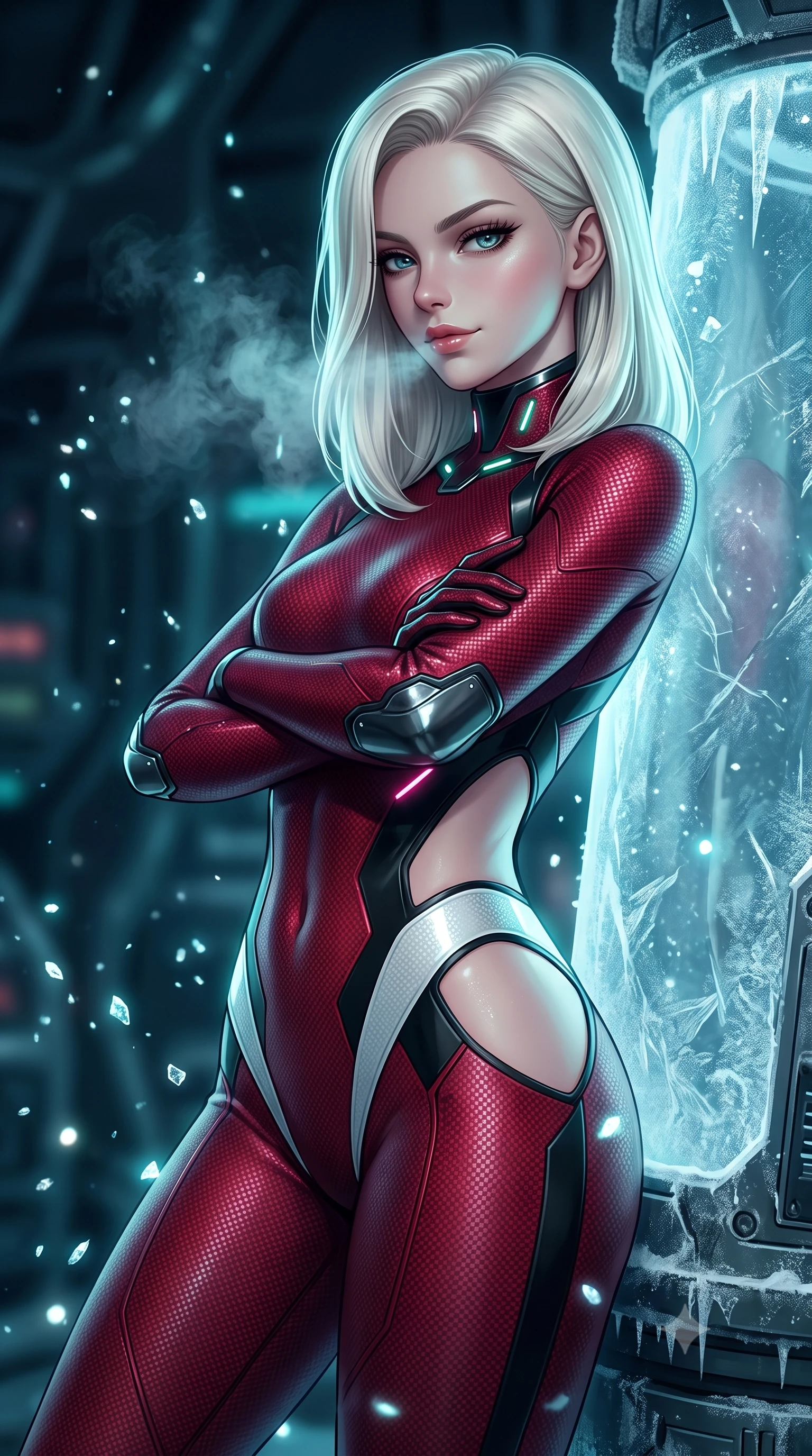 score_9, masterpiece, best quality, ultra-detailed, high-budget anime keyframe, semi-realistic 3D game render, editorial fashion photography, tasteful artistic composition, Caucasian woman. close-up cowboy shot from the waist and thighs up, the character dominates the composition, filling the frame with her large presence. resting one hand in a defensive deflective posture while glancing over her shoulder with thick eyelashes and a confident, smoldering combat half-smile while resting against a frost-covered stasis cylinder with arms folded, casting a cool, smoldering gaze through ice vapor. The composition keeps background elements in soft focus with creamy bokeh. glistening diamond ice crystals scattering bright specular light motes across a cool backdrop. She has an exceptionally elegant, slender, and willowy female figure with an ultra-slim waist, a gracefully sculpted slender torso, toned flat midriff, and a refined slim silhouette. sharp v-shaped jawline, high-bridge nose, intricate jewel-like eyes with depth, thick eyelashes, glossy lips with a natural sheen, flawlessly proportioned anatomical accuracy, strict slender model proportions, natural body alignment, perfectly sculpted long slender limbs, ultra-slim waistline, clean dynamic posture without body distortion. wearing a skin-tight crimson carbon-weave battle-suit with metallic dark chrome elbow dampers and hip-accentuating cutouts in monochrome white enamel carbon with high-contrast black panels, made of liquid carbon-jersey fabric adhering flawlessly to her sculpted silhouette, featuring a sleek aerodynamic collar framed by subtle glowing cybernetic status LEDs, the precision-cut daring openings accentuating her delicate midriff, graceful bare collarbones, and ultra-slim feminine waistline. surrounded by a cool, lethal, and breathtakingly alluring frost-martial-goddess aura. rich saturated anime colors with glowing neon highlights, detailed shading with soft gradients, rich glossy textures, high-contrast stereoscopic depth, volumetric dynamic lighting, master piece, 9:16 ratio