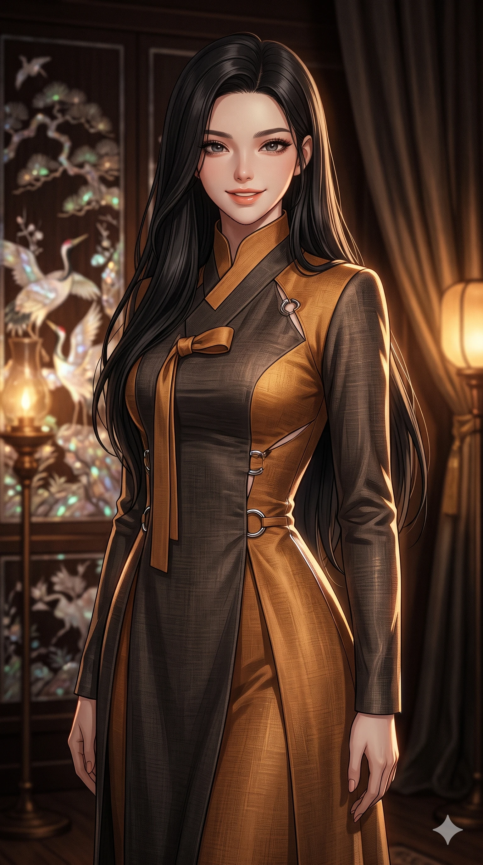 score_9, masterpiece, best quality, ultra-detailed, high-budget anime keyframe, editorial fashion photography, tasteful artistic composition, Korean woman. close-up cowboy shot from the waist and thighs up, the character dominates the composition, filling the frame with her large presence. smiling with quiet, magnetic self-assurance directly into the camera, her sculpted waistline catching specular moonbeam highlights while twisting her slender torso in an alluring contrapposto stance, rainbow mother-of-pearl reflections contouring her waist and hips. The background shows a soft-focus glistening mother-of-pearl cranes and pine inlay patterns, bronze floor lamps, and silk drapes blurred into iridescent pearl, amber, and obsidian bokeh. She has an exceptionally elegant, slender, and willowy female figure with an ultra-slim waist, flat toned midriff, narrow ribcage, and sculpted feminine hips creating an alluring, slim hourglass silhouette without bulk. sharp v-shaped jawline, high-bridge nose, sparkling eyes with hypnotic seductive depth, thick curled eyelashes, glossy parted lips with a natural dewy peach sheen, alluring bedroom-eyes with an enchanting coquettish smile, exuding magnetic siren charisma and sophisticated glamour, flawlessly proportioned anatomical accuracy, strict slender model proportions, natural body alignment, perfectly sculpted long slender limbs, ultra-slim waistline, clean dynamic posture without body distortion. wearing a bespoke high-neck modernized hanbok coat dress with an architectural collar and silk norigae knot tie in smoked agarwood charcoal and warm honey amber, woven from bespoke Korean ramie fabric with crisp tactile slub texture, accented with sculptural chrome hardware rings framing the subtle cutouts, the impeccably tailored cut draping gracefully along her slender figure with aristocratic eastern poise. bathed in soft moody amber chiaroscuro lighting spilling from ornate bronze oil lamps. ultra-reflective glossy finish, specular highlights, rich textural contrasts, high-contrast stereoscopic depth, volumetric dynamic lighting, 2k, ultra detail, master piece, 9:16 ratio