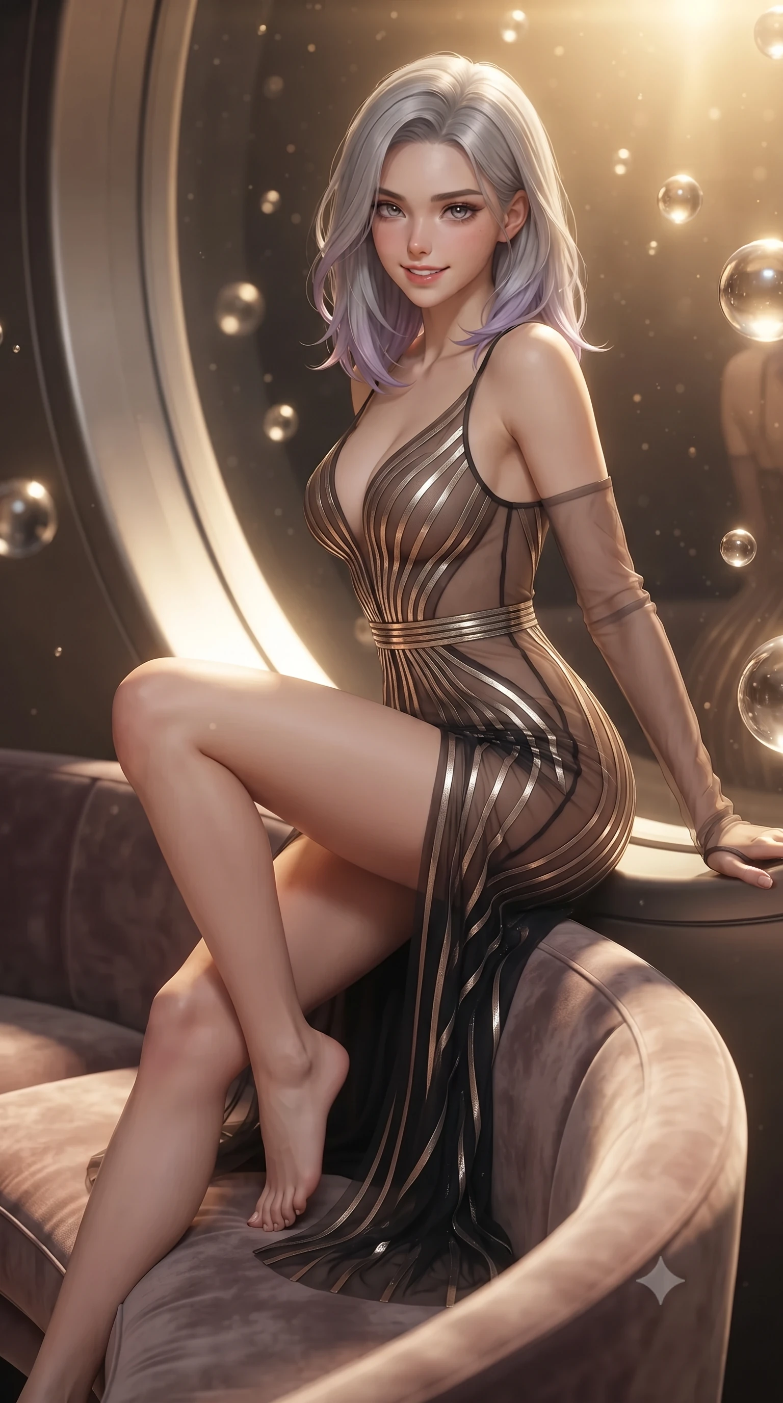 score_9, masterpiece, best quality, ultra-detailed, high-budget anime keyframe, editorial fashion photography, tasteful artistic composition, Caucasian woman. close-up cowboy shot from the waist and thighs up, the character dominates the composition, filling the frame with her large presence. perched sideways on the lounge seat, one knee drawn up to showcase her slender leg line while her arched back accentuates her feminine hip curve while leaning against the curved titanium observation sill with hips cocked back, watching floating zero-gravity liquid mercury spheres with smoldering bedroom-eyes. The background shows a soft-focus ambient atmospheric particulate glow softened in deep-space Dyson structure shallow focus. She has an exceptionally elegant, slender, and willowy female figure with an ultra-slim waist, flat toned midriff, narrow ribcage, and sculpted feminine hips creating an alluring, slim hourglass silhouette without bulk. sharp v-shaped jawline, high-bridge nose, intricate jewel-like sparkling eyes with depth, thick eyelashes, glossy parted lips with a natural peach sheen, bright cheerful beaming smile with an enchanting and coquettish sensual glint, exuding both youthful cute charm and seductive allure, flawlessly proportioned anatomical accuracy, strict slender model proportions, natural body alignment, perfectly sculpted long slender limbs, ultra-slim waistline, clean dynamic posture without body distortion. wearing a plunge-front sheer illusion tulle slip dress with liquid platinum ribbon stripes hugging her curves in solar-flare gold and interstellar onyx, featuring strategic sheer-illusion tulle side panels framing her ribcage and hips, complemented by sheer opera-length evening gloves tracing her slender arms, the high-slit wrap tailoring accentuating her ultra-slim waistline and the enchanting curve of her feminine hips with alluring seductive charm. bathed in the blinding warm golden 4000K solar radiance filtered through polarizing quantum smart-glass. ultra-reflective glossy finish, specular highlights, rich textural contrasts, high-contrast stereoscopic depth, volumetric dynamic lighting, 2k, ultra detail, master piece, 9:16 ratio