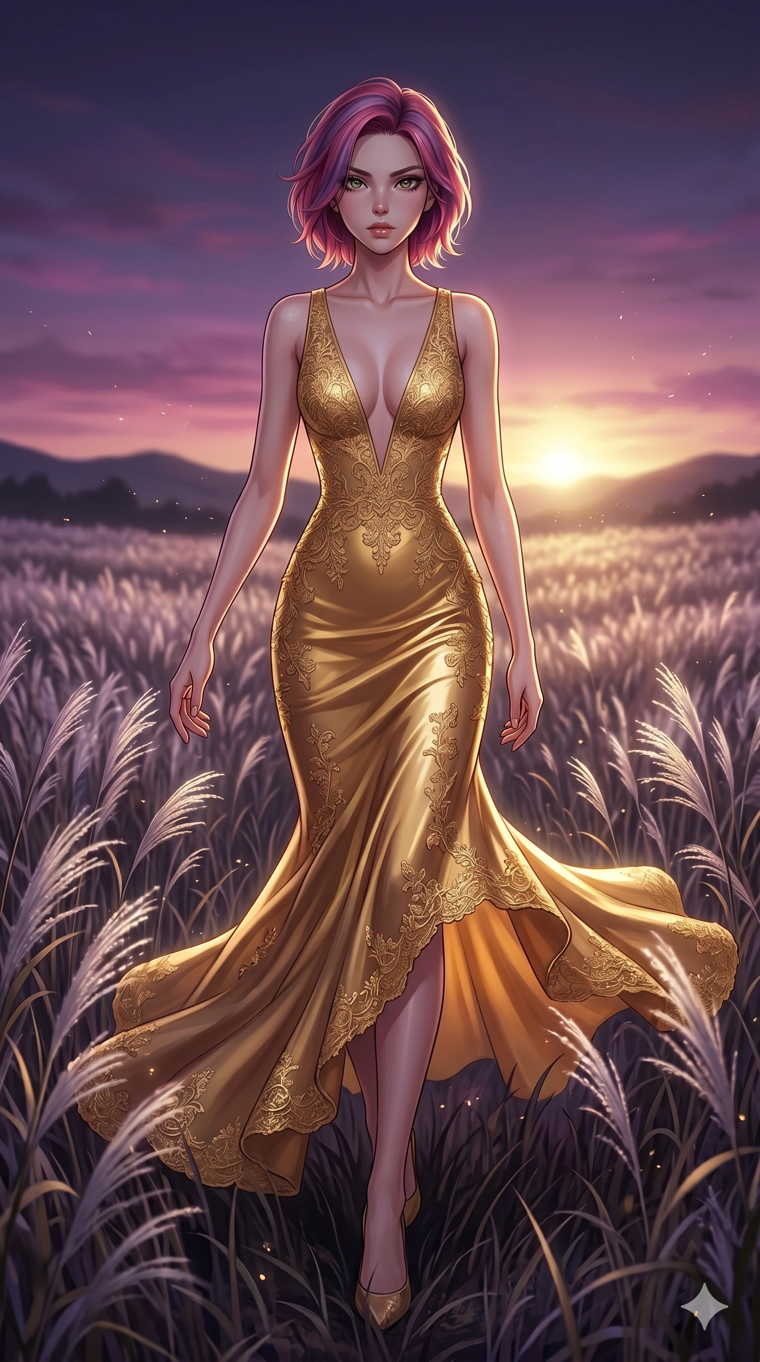 score_9, masterpiece, best quality, ultra-detailed, High-budget Anime Keyframe, East Asian woman. Dynamic full-body shot stretching the vertical silhouette to the limit. Scenario 168: Walking through a field of tall silver grass at twilight. Her presence is magnetic and overpowering in this high-budget anime scene. Outfit 168: A molten liquid silk gold with a plunging V-neckline and delicate lace embroidery. The clothing is designed to emphasize her exceptionally tall and slender 8-heads proportion. 8-heads proportion, towering silhouette, ultra-slim waist. sharp v-shaped jawline, intricate jewel-like eyes with depth, thick eyelashes, glossy lips. 2k, ultra detail, master piece, 9:16 ratio