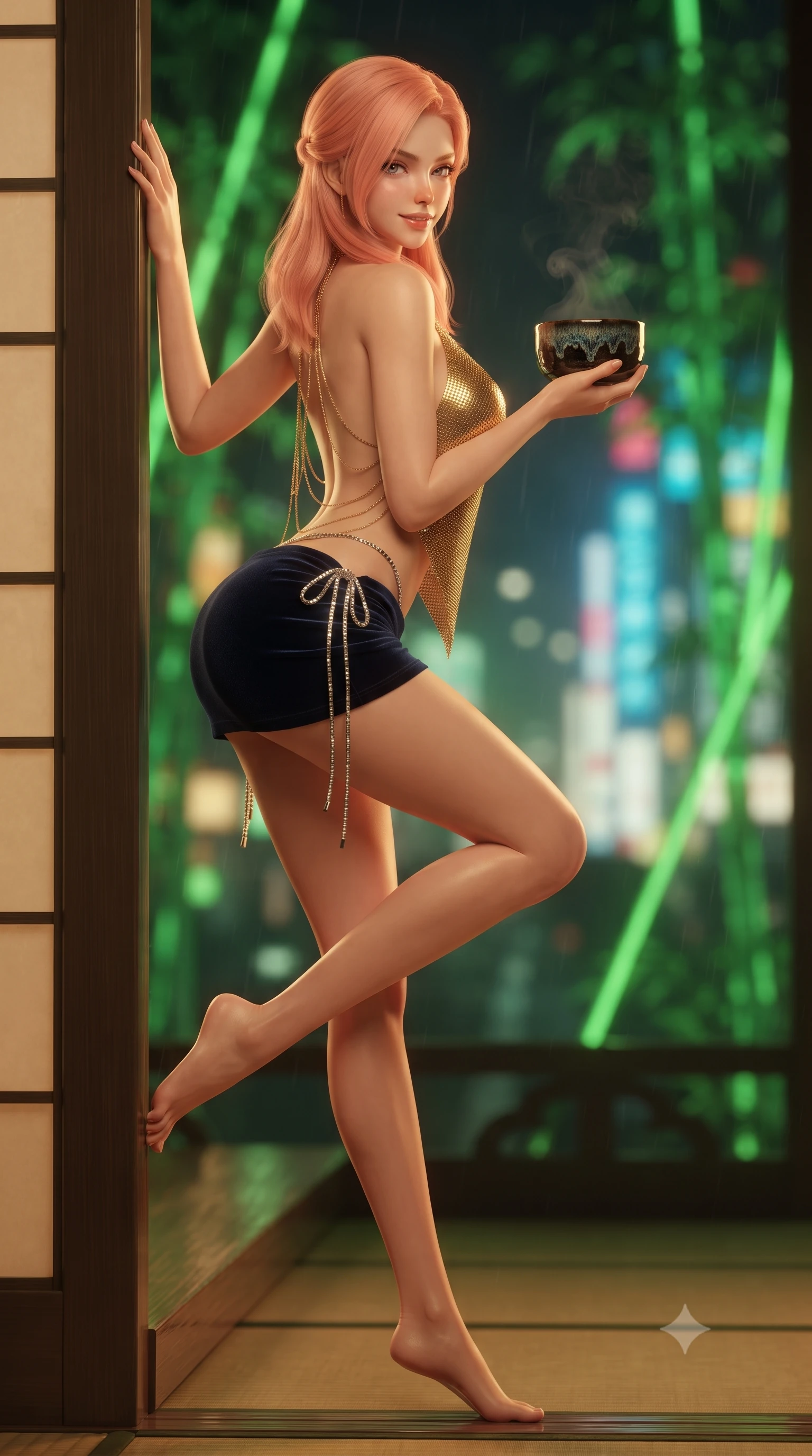 score_9, masterpiece, best quality, ultra-detailed, high-budget anime keyframe, editorial fashion photography, tasteful artistic composition, Japanese woman. low angle full-body shot from head to toe showing her feet, filling the entire 9:16 vertical frame with her statuesque presence, stretching her vertical silhouette. standing tall beside the architectural column, one hand resting high while arching her lower back to emphasize her sculpted feminine hips and slender waist while perched sideways on the lacquered pavilion threshold with legs extended, holding a modern ceramic tea bowl with dangerous coquettish cool. The background shows a soft-focus glowing green laser bamboo poles, rainy Shinjuku neon skyscrapers outside, and curling ceramic tea steam blurred into jade, crimson, and charcoal bokeh. She has an absolutely perfect, statuesque 8.5-heads proportion, an exceptionally tall and slender model-like female figure with impossibly long slender legs, an ultra-slim waist, a flat toned midriff, narrow delicate ribcage, and beautifully sculpted feminine hips creating a graceful, slim hourglass silhouette without any bulky heaviness. sharp v-shaped jawline, high-bridge nose, sparkling eyes with hypnotic seductive depth, thick curled eyelashes, glossy parted lips with a natural dewy peach sheen, alluring bedroom-eyes with an enchanting coquettish smile, exuding magnetic siren charisma and sophisticated glamour, flawlessly proportioned anatomical accuracy, strict slender model proportions, natural body alignment, perfectly sculpted long slender limbs, ultra-slim waistline, clean dynamic posture without body distortion. wearing a liquid gold chainmail cowl halter top paired with an ultra-low-rise velvet mini skirt and side rhinestone ties in molten liquid silver and deep sapphire navy, tailored from fine structural neoprene with crisp architectural edges and smooth contouring, accented with an open-back drape framed by falling strands of delicate gold chains, the glove-like clinging cut tightly following the natural contour of her hips and long slender legs with youthful 8.5-heads elegance. bathed in warm 2800K tea table downlighting mixed with vibrant green laser lattice accents and exterior neon fill. ultra-reflective glossy finish, specular highlights, rich textural contrasts, high-contrast stereoscopic depth, volumetric dynamic lighting, 2k, ultra detail, master piece, 9:16 ratio