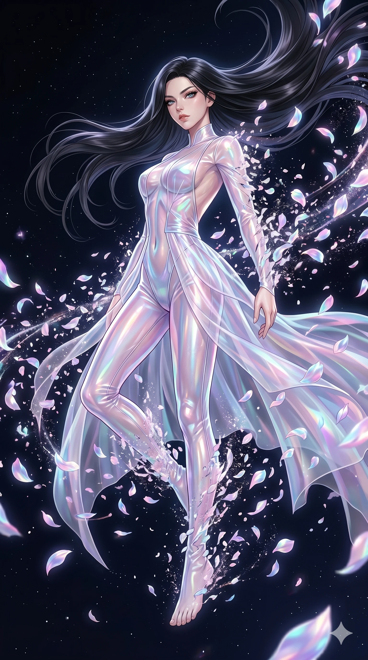 score_9, masterpiece, best quality, ultra-detailed, High-budget Anime Keyframe, East Asian woman. Low angle cowboy shot filling the entire 9:16 frame with her statuesque presence. Scenario 131: Dissolving into a cloud of iridescent silk petals in a void. Her presence is magnetic and overpowering in this high-budget anime scene. Outfit 131: A translucent PVC dangerous with a backless design and translucent layers. The clothing is designed to emphasize her exceptionally tall and slender 8-heads proportion. 8-heads proportion, towering silhouette, ultra-slim waist. sharp v-shaped jawline, intricate jewel-like eyes with depth, thick eyelashes, glossy lips. 2k, ultra detail, master piece, 9:16 ratio
