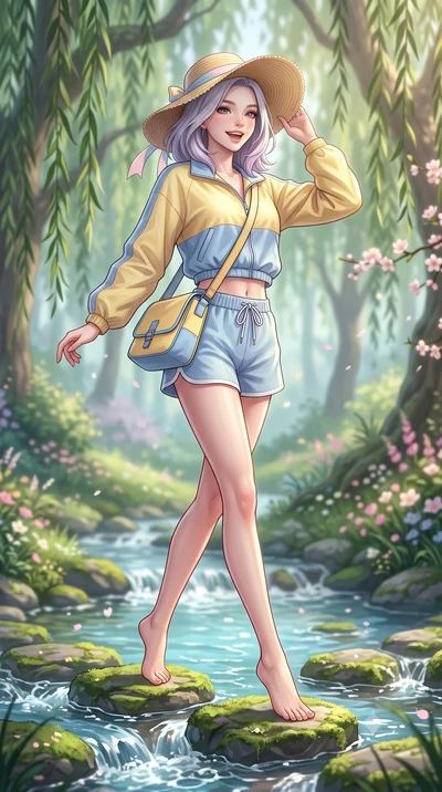 score_9, masterpiece, best quality, ultra-detailed, high-budget anime keyframe, semi-realistic 3D game render, editorial fashion photography, tasteful artistic composition, Caucasian woman. low angle full-body shot from head to toe showing her feet, 