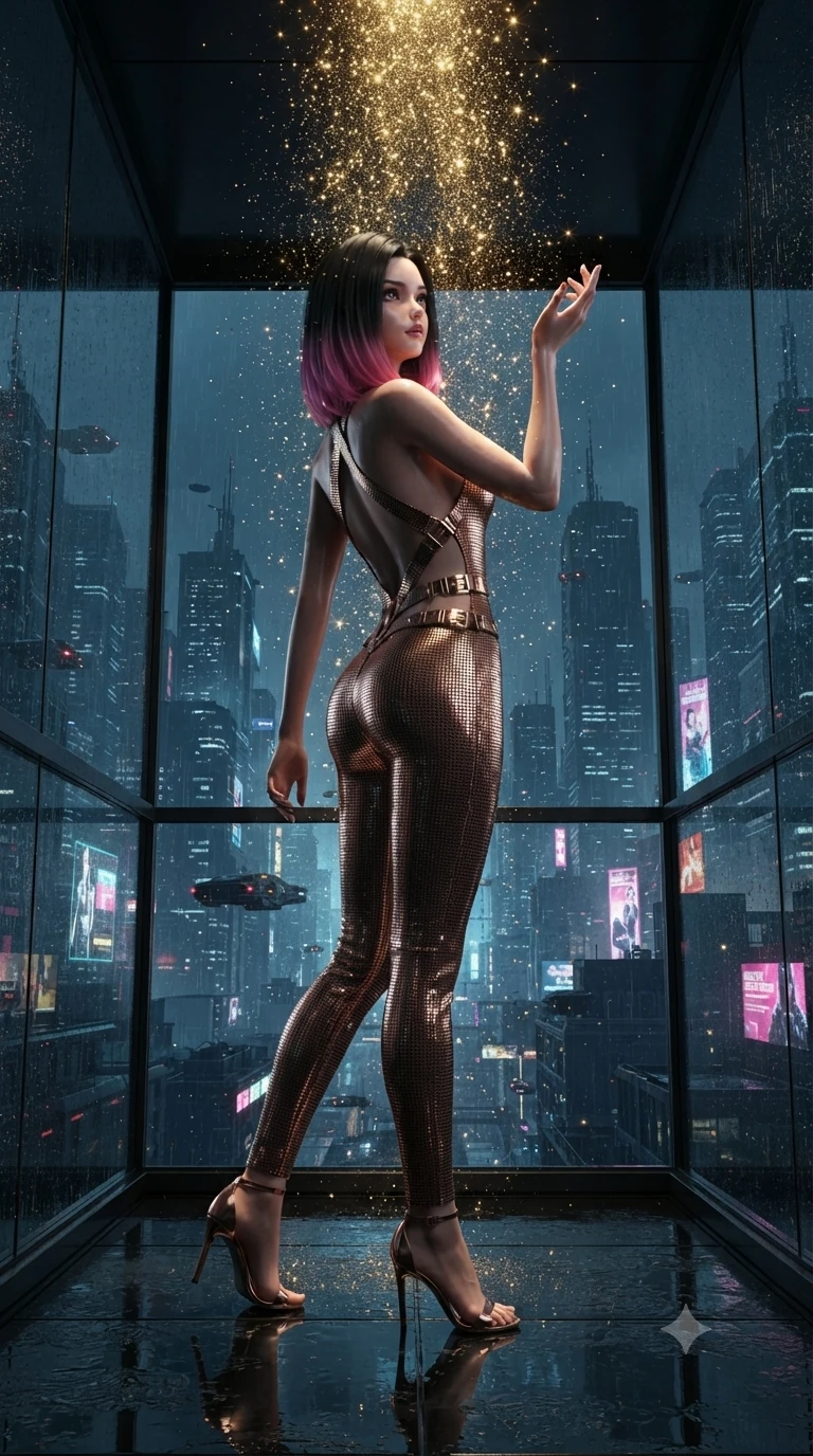 score_9, masterpiece, best quality, ultra-detailed, High-budget Anime Keyframe, editorial fashion photography, tasteful artistic composition, realistic cosplay photography, East Asian woman. Low angle cowboy shot filling the entire 9:16 frame with her statuesque presence. Scenario 488: showering under a cascade of glittering gold stardust inside a minimalist glass balcony overlooking a rainy cyberpunk megacity. Her presence is magnetic and overpowering in this high-budget cinematic scene. Outfit 488: a slim-fit metallic copper micro-mesh lace catsuit with a dramatic backless design and metallic buckles. The clothing is designed to emphasize her exceptionally tall and slender 8-heads proportion. 8-heads proportion, towering silhouette, ultra-slim waist. sharp v-shaped jawline, intricate jewel-like eyes with depth, thick eyelashes, glossy lips. ultra-reflective glossy finish, specular highlights, metallic sheen, high-contrast stereoscopic depth, volumetric dynamic lighting, 2k, ultra detail, master piece, 9:16 ratio