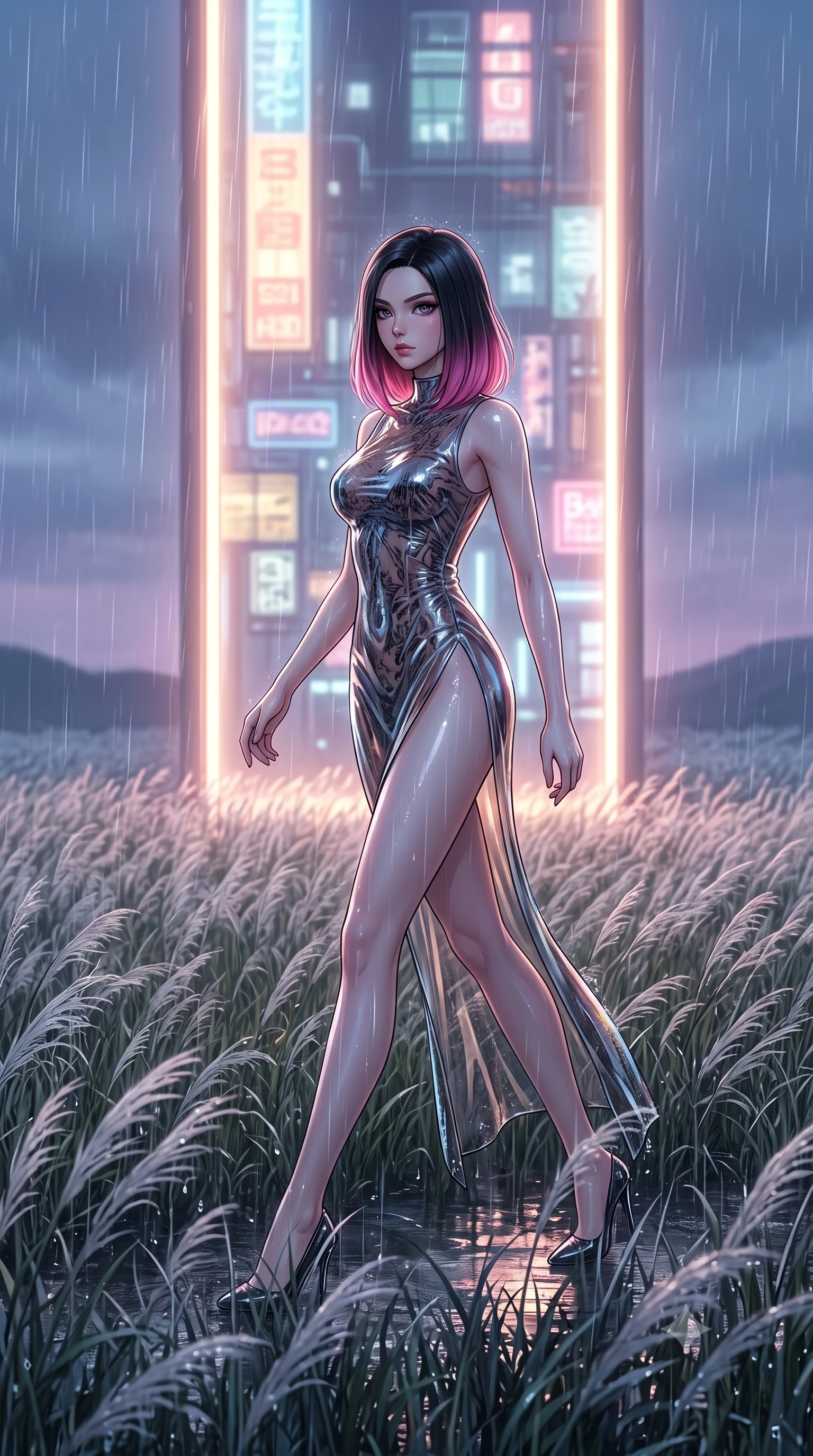 score_9, masterpiece, best quality, ultra-detailed, High-budget Anime Keyframe, East Asian woman. Dynamic full-body shot stretching the vertical silhouette to the limit. Scenario 392: walking through a field of tall silver grass at a glowing neon window at twilight with soft rain falling. Her presence is magnetic and overpowering in this high-budget anime scene. Outfit 392: a body-hugging translucent PVC liquid with a thigh-high slit and wet-look texture. The clothing is designed to emphasize her exceptionally tall and slender 8-heads proportion. 8-heads proportion, towering silhouette, ultra-slim waist. sharp v-shaped jawline, intricate jewel-like eyes with depth, thick eyelashes, glossy lips. 2k, ultra detail, master piece, 9:16 ratio