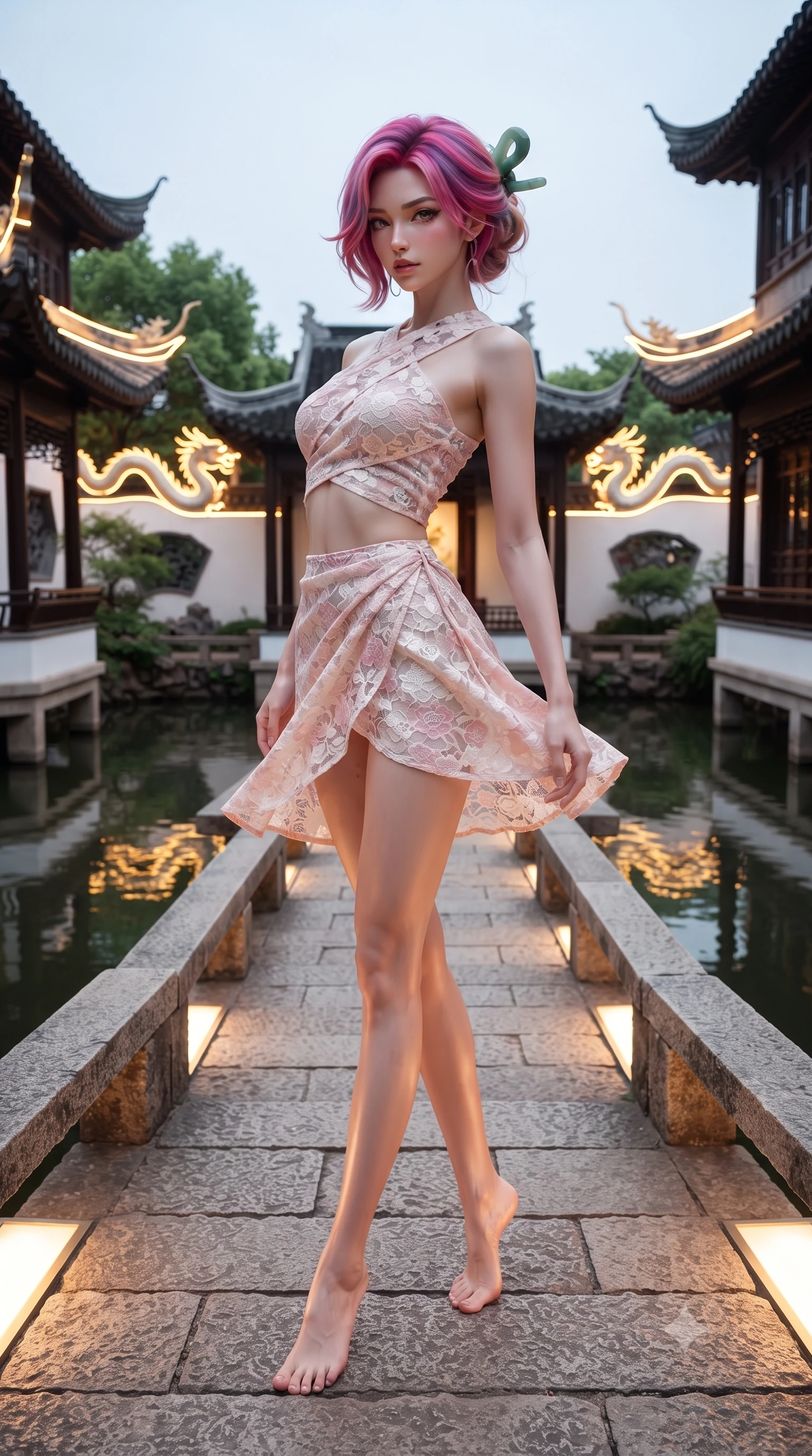 score_9, masterpiece, best quality, ultra-detailed, high-budget anime keyframe, editorial fashion photography, tasteful artistic composition, Caucasian woman. low angle full-body shot from head to toe showing her feet, filling the entire 9:16 vertical frame with her statuesque presence, stretching her vertical silhouette. executing a graceful dancer pivot turn as her layered silk chima skirt flutters around her slender legs, glancing over her shoulder with an intoxicating bedroom-gaze while standing centered on the historic Nine-Turn zigzag stone bridge, arching her back with high-fashion poise as glowing dragon wall eaves frame the water. The surrounding environment is rendered in vivid detail and crisp panoramic clarity: detailed jacquard silk dress sheen, gold dragon embroidery glints, and classical Chinese garden architecture in high resolution. She has an absolutely perfect, statuesque 8.5-heads proportion, an exceptionally tall and slender model-like female figure with impossibly long slender legs, an ultra-slim waist, a flat toned midriff, narrow delicate ribcage, and beautifully sculpted feminine hips creating a graceful, slim hourglass silhouette without any bulky heaviness. sharp v-shaped jawline, high-bridge nose, intricate jewel-like dark sparkling almond eyes with depth, thick lashes, glossy parted lips with a natural rose-plum sheen, bright alluring and coquettish smile with bedroom-eyes, exuding both timeless oriental elegance and sovereign high-fashion allure, flawlessly proportioned anatomical accuracy, strict slender model proportions, natural body alignment, perfectly sculpted long slender limbs, ultra-slim waistline, clean dynamic posture without body distortion. wearing a sleek two-piece set featuring an asymmetric cross-over crop top and a wrap-around micro skirt tracing her hips in soft cherry blossom pink and pearlescent ivory, woven from delicate semi-opaque floral lace with oriental peony patterns, featuring a modern sculptural jade hair pin securing her loose silky updo, the form-contouring cut accentuating her sculpted flat midriff, narrow delicate ribcage, and gracefully curvy hips with regal oriental supermodel elegance. illuminated by pavilion floor light panels and sharp gold rim lights defining her razor-sharp jawline, narrow waist, and curvy hips. ultra-reflective glossy finish, specular highlights, rich textural contrasts, high-contrast stereoscopic depth, volumetric dynamic lighting, 2k, ultra detail, master piece, 9:16 ratio