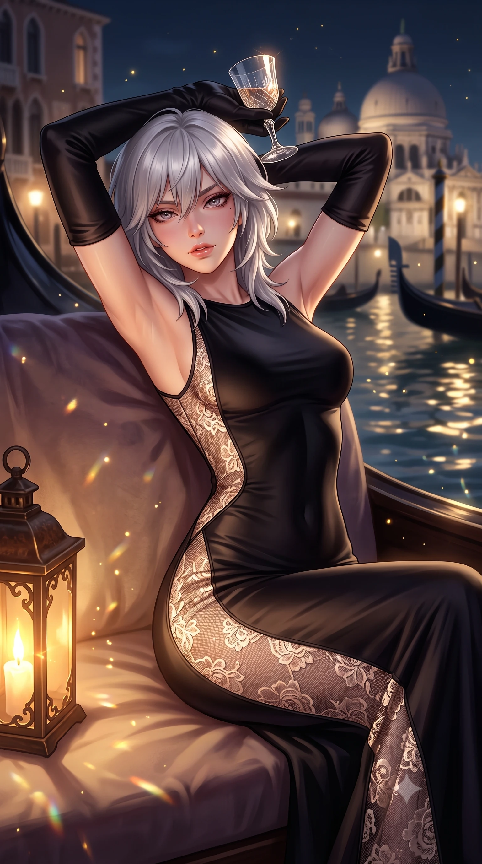 score_9, masterpiece, best quality, ultra-detailed, high-budget anime keyframe, semi-realistic 3D game render, editorial fashion photography, tasteful artistic composition, Japanese woman. close-up cowboy shot from the waist and thighs up, the character dominates the composition, filling the frame with her large presence. leaning back with relaxed seductive grace, her sculpted collarbones and narrow waist highlighted as she casts smoldering bedroom-eyes directly into the camera while stretching languidly on the gondola daybed with hands raised behind her head, parted glossy lips reflecting flickering lantern glow. The composition keeps background elements in soft focus with creamy bokeh. gondola lantern reflections and water ripple sparkles scattering radiant golden light motes. She has an exceptionally elegant, slender, and willowy female figure with an ultra-slim waist, flat toned midriff, narrow ribcage, and sculpted feminine hips creating an alluring, slim hourglass silhouette without bulk. sharp v-shaped jawline, high-bridge nose, intricate jewel-like eyes with depth, thick eyelashes, glossy parted lips with a natural sheen, intensely captivating and seductive bedroom-eyes expression, flawlessly proportioned anatomical accuracy, strict slender model proportions, natural body alignment, perfectly sculpted long slender limbs, ultra-slim waistline, clean dynamic posture without body distortion. wearing a second-skin black silk jersey maxi dress with asymmetrical sheer mesh side panels tracing the full curve of her hip in vintage champagne ivory and delicate rose gold, formed from shimmering floral lace over smooth opaque silk lining, accessorized with opera-length satin gloves and a vintage crystal glass, the form-contouring material adhering flawlessly to her sculpted flat midriff and slender torso, emphasizing her long leg lines and perfectly proportioned willowy build. surrounded by an aristocratic, scandalous, and breathlessly captivating Venetian siren aura. highly saturated vibrant anime colors, detailed shading with soft gradients, rich glossy textures, high-contrast stereoscopic depth, volumetric dynamic lighting, master piece, 9:16 ratio