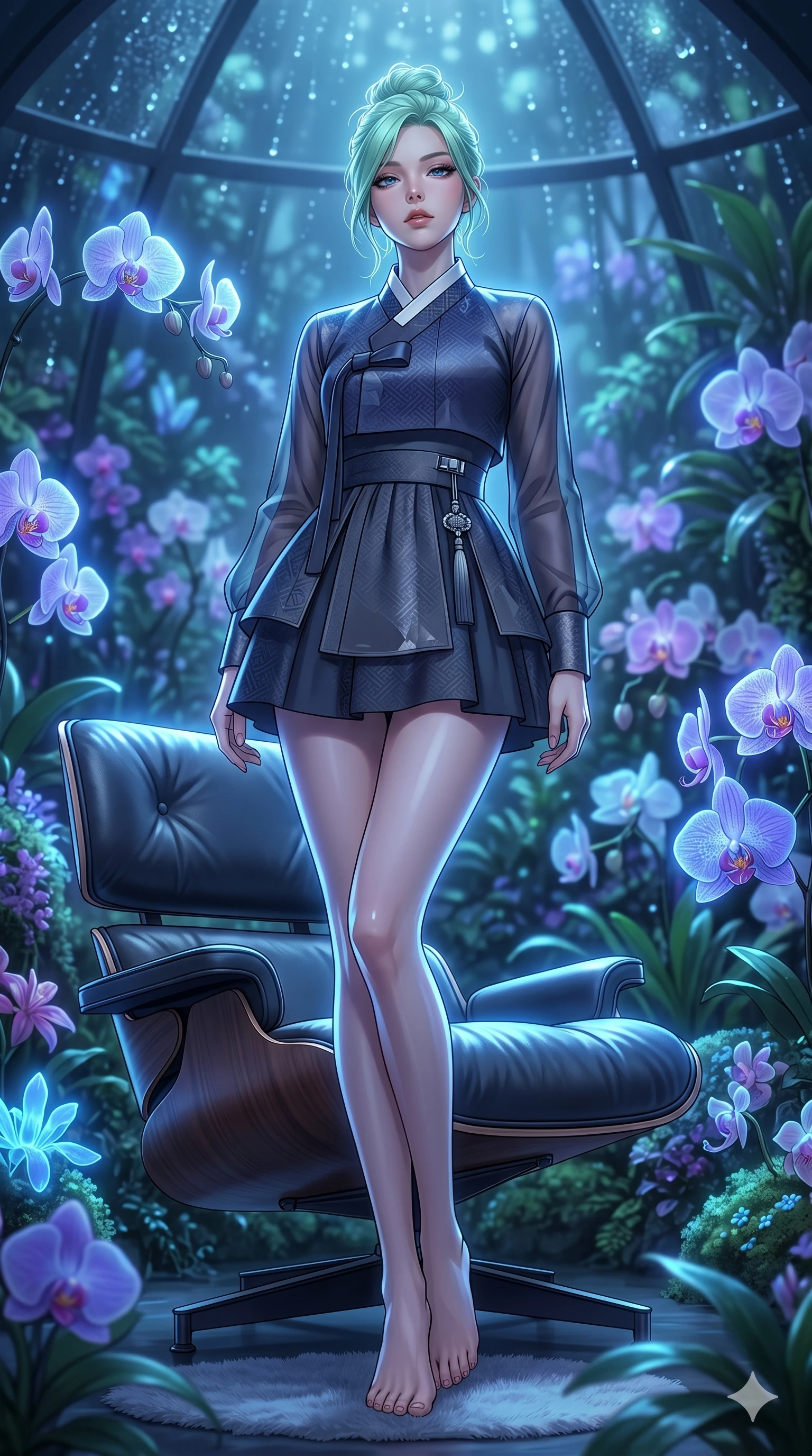 score_9, masterpiece, best quality, ultra-detailed, high-budget anime keyframe, editorial fashion photography, tasteful artistic composition, Japanese woman. low angle full-body shot from head to toe showing her feet, filling the entire 9:16 vertical frame with her statuesque presence, stretching her vertical silhouette. leaning back on a leather lounge chair, tilting her chin up with a relaxed, composed expression inside a bioluminescent rainforest dome where orchid petals glow softly (Code-P18-055). She has an absolutely perfect 8-heads proportion, an exceptionally tall and slender female figure with impossibly long slender legs and an ultra-slim waist. V-shaped jawline, high-bridge nose, intricate jewel-like eyes with depth, thick eyelashes, glossy lips with a natural sheen. wearing a modern high-neck fusion hanbok with long sleeves. cool blue and violet neon light, highlighting the sleek contours of her athletic figure. 2k, ultra detail, master piece, 9:16 ratio