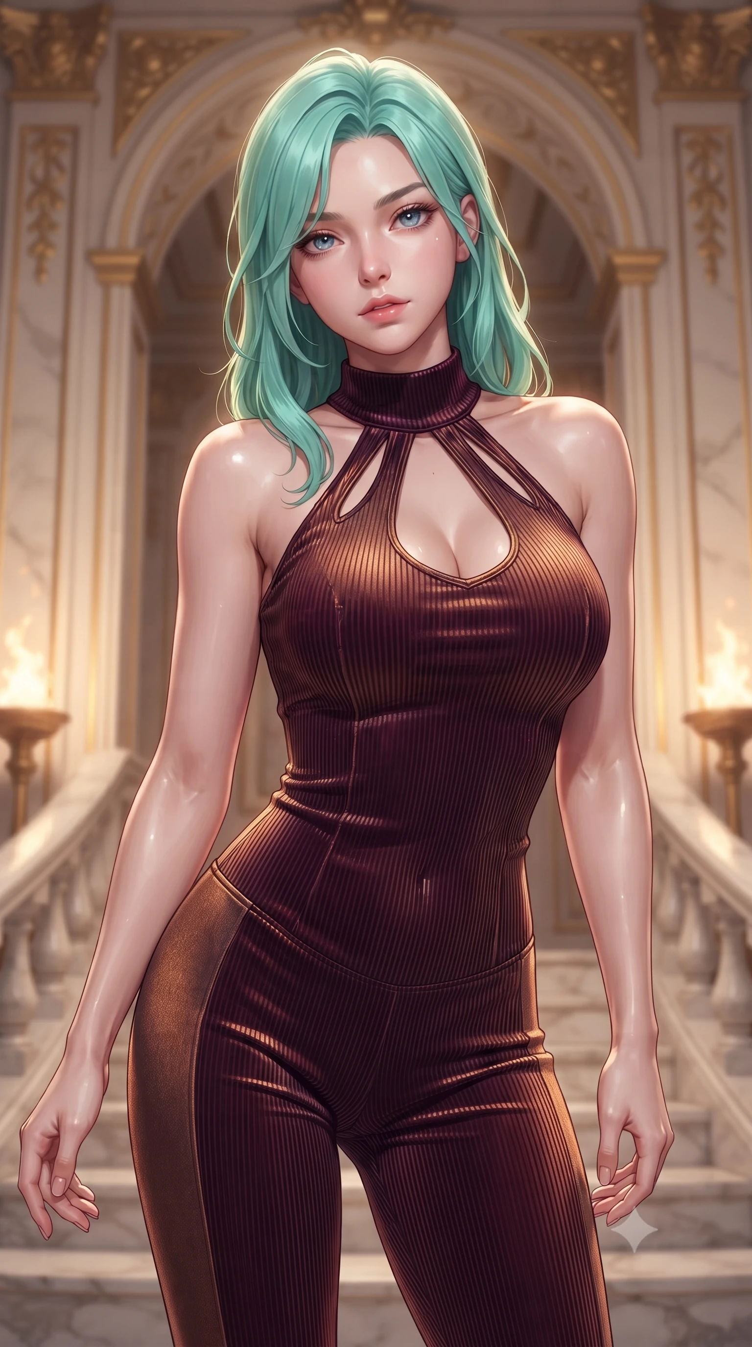 score_9, masterpiece, best quality, ultra-detailed, high-budget anime keyframe, editorial fashion photography, tasteful artistic composition, Japanese woman. close-up cowboy shot from the waist and thighs up, the character dominates the composition, filling the frame with her large presence, background elements kept in soft focus. Leaning slightly forward with a composed, seductive gaze under soft glowing light descending a grand marble staircase flanked by golden torch flames at dusk, opulent gold-leaf trim and carved ivory archways framed beautifully. She has an exceptionally elegant, slender, and willowy female figure with an ultra-slim waist, a gracefully sculpted slender torso, and a refined silhouette. sharp v-shaped jawline, high-bridge nose, intricate jewel-like eyes with depth, thick eyelashes, glossy lips with a natural sheen. wearing a form-fitting ribbed activewear set with collar cutouts in deep burgundy and bronze, made of premium stretch velvet with a rich sheen, accented with a Tasteful chest slit framing her clavicle gracefully, the sleek second-skin texture accentuating her magnetic presence. surrounded by a bright, luxurious aura of warm sunshine and sky reflections. ultra-reflective glossy finish, specular highlights, metallic sheen, high-contrast stereoscopic depth, volumetric dynamic lighting, 2k, ultra detail, master piece, 9:16 ratio