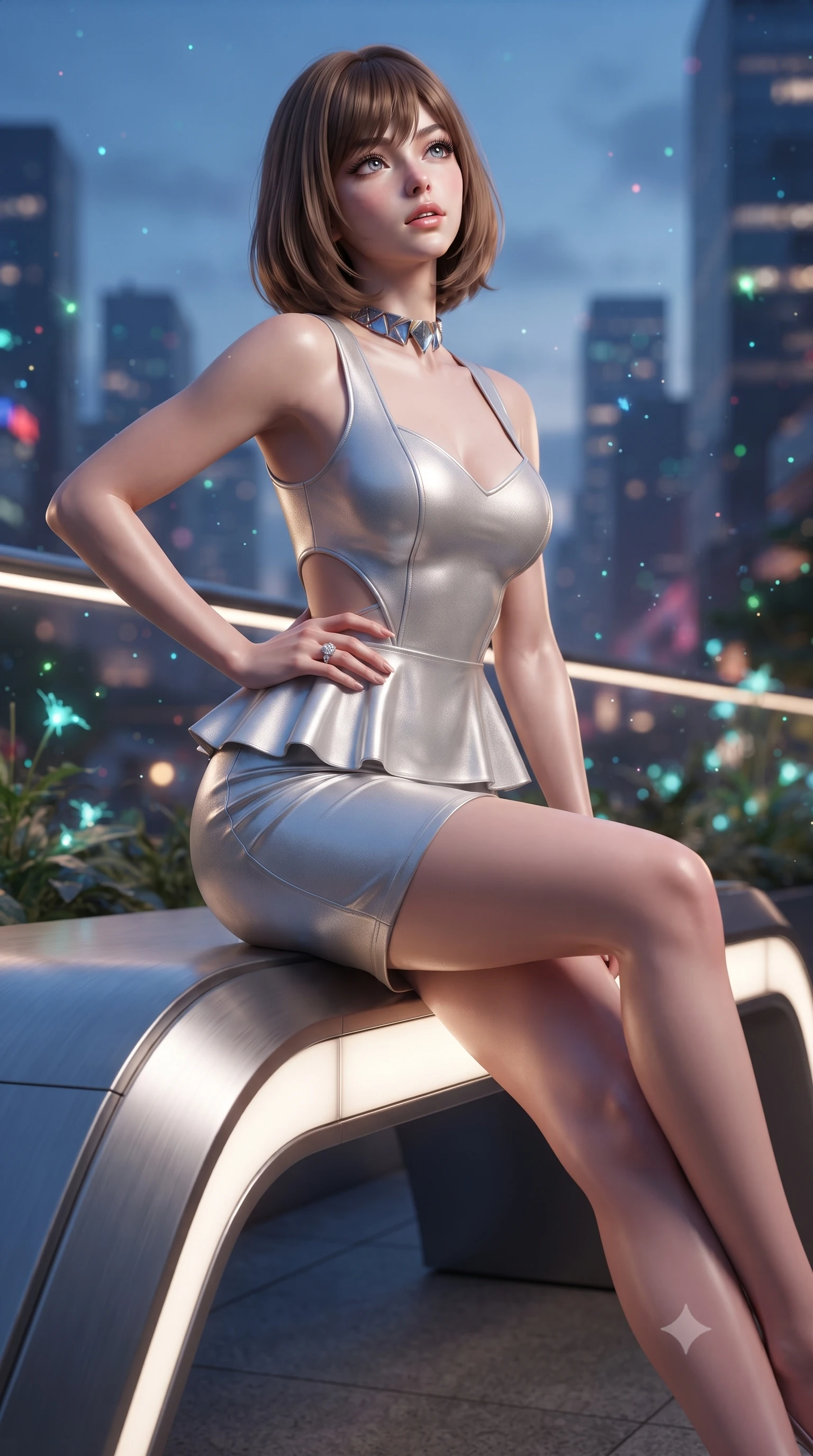 score_9, masterpiece, best quality, ultra-detailed, high-budget anime keyframe, editorial fashion photography, tasteful artistic composition, Caucasian woman. close-up cowboy shot from the waist and thighs up, the character dominates the composition, filling the frame with her large presence. tilting her chin up with proud, sovereign allure while gazing through thick eyelashes, one hand resting on her waist in pure supermodel charisma while perching on the curved architectural skyway bench, long slender legs crossed and torso angled back to display her flat midriff and slender hourglass curves. The composition keeps background elements in soft focus with creamy bokeh. bioluminescent plant spores and city skyline reflections scattering vibrant chromatic light motes. She has an exceptionally elegant, slender, and willowy female figure with an ultra-slim waist, flat toned midriff, narrow ribcage, and sculpted feminine hips creating an alluring, slim hourglass silhouette without bulk. sharp v-shaped jawline, high-bridge nose, intricate jewel-like eyes with depth, thick eyelashes, glossy parted lips with a natural sheen, intensely captivating and seductive bedroom-eyes expression, flawlessly proportioned anatomical accuracy, strict slender model proportions, natural body alignment, perfectly sculpted long slender limbs, ultra-slim waistline, clean dynamic posture without body distortion. wearing a modern peplum corset dress with side-waist diamond cutouts and an ultra-tight silhouette in shimmering silver mercury and pearl white, crafted from second-skin supple lambskin leather with liquid drape, complemented by a bold geometric choker and sparkling cocktail ring, the second-skin form-contouring cut accentuating her sculpted flat midriff, narrow delicate ribcage, and gracefully curvy hips with supermodel precision. surrounded by a visionary, electrifying, and breathlessly magnificent eco-metropolis queen aura. ultra-reflective glossy finish, specular highlights, rich textural contrasts, high-contrast stereoscopic depth, volumetric dynamic lighting, 2k, ultra detail, master piece, 9:16 ratio