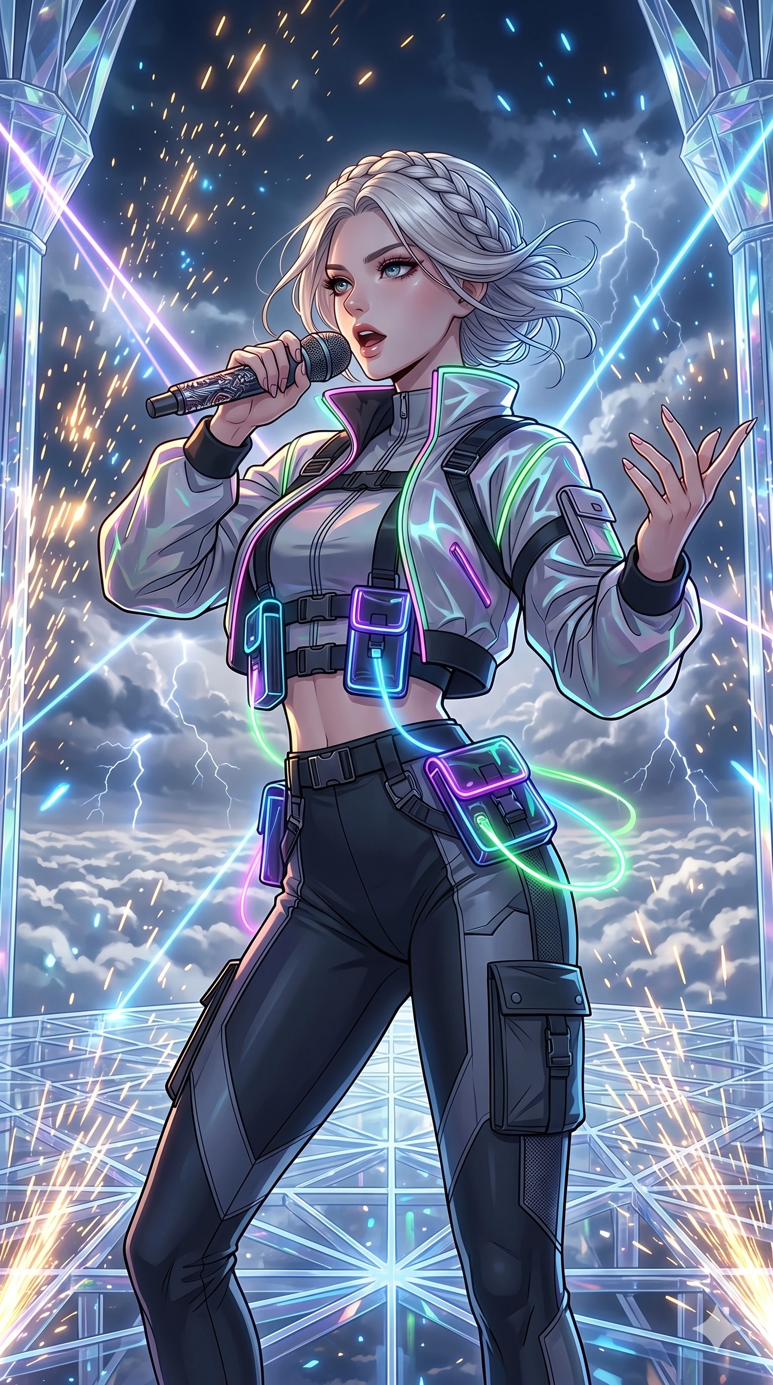 score_9, masterpiece, best quality, ultra-detailed, high-budget anime movie keyframe, cinematic anime lighting, intricate line art, Japanese woman. Upper body filling screen focusing on her alluring features and slim-fit silhouette. singing on a laser stage in a crystal palace above the clouds in a storm of sparks. She has an absolutely perfect 8-heads proportion, an exceptionally tall and slender female figure with an ultra-slim waist and impossibly long slender legs. sharp v-shaped jawline, high-bridge nose, intricate jewel-like eyes, thick eyelashes, glossy lips. Wearing modern urban tech-wear ensemble with a cropped reflective bomber jacket, ultra-slim high-waisted cargo leggings, and tactical harness with neon-lit pouches. The scene is illuminated by dramatic atmospheric lighting and vibrant color palettes. , 2k, ultra detail, master piece, 9:16 ratio