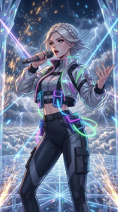 score_9, masterpiece, best quality, ultra-detailed, high-budget anime movie keyframe, cinematic anime lighting, intricate line art, Japanese woman. Upper body filling screen focusing on her alluring features and slim-fit silhouette. singing on a lase