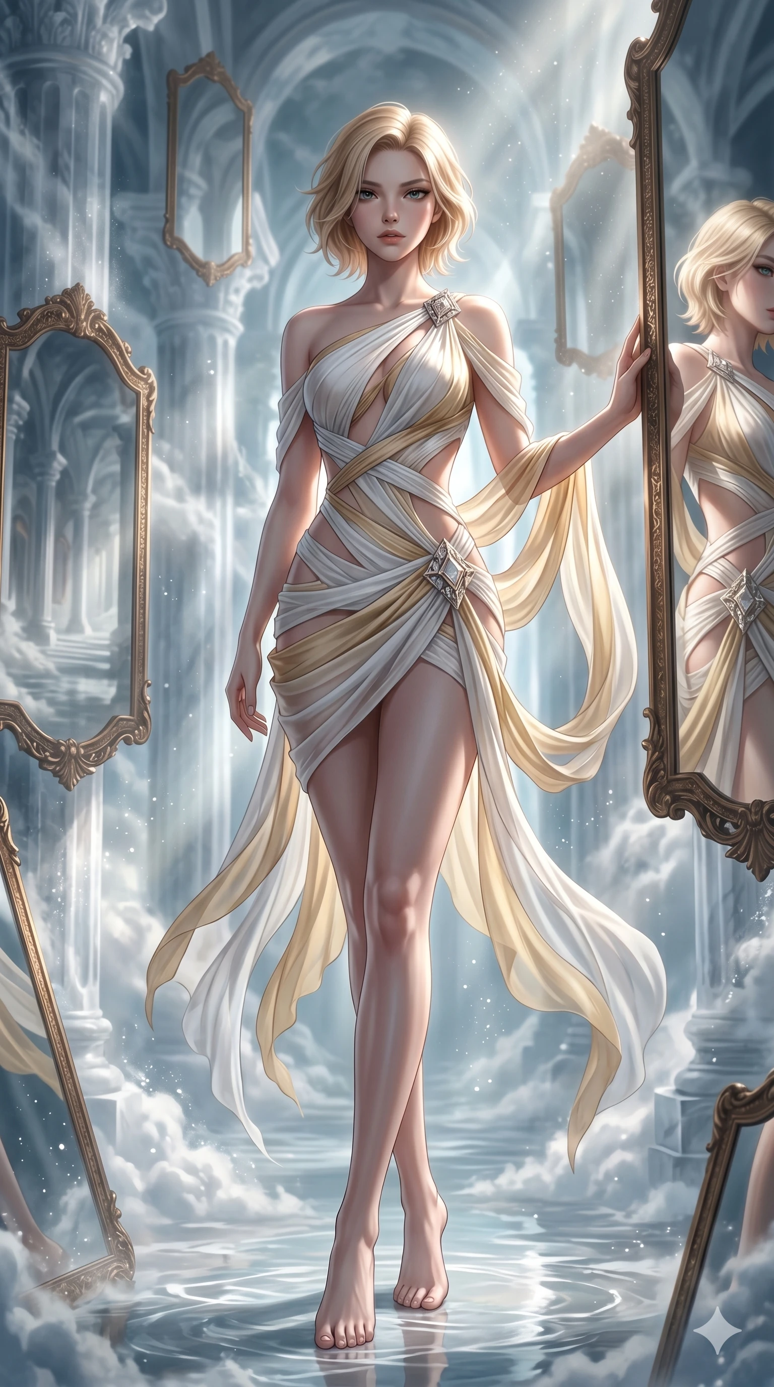 score_9, masterpiece, best quality, ultra-detailed, high-budget anime keyframe, Korean woman. low angle full-body shot filling the entire 9:16 frame with her statuesque presence, stretching the vertical silhouette. wandering through a mirage cloud cathedral of translucent marble and water mist, surrounded by floating ancient bronze mirror walls. She has an absolutely perfect 8-heads proportion, an exceptionally tall and slender female figure with impossibly long slender legs and an ultra-slim waist. V-shaped jawline, high-bridge nose, intricate jewel-like eyes with depth, thick eyelashes, glossy lips with a natural sheen.. wearing an asymmetric chiffon draped couture mini dress, featuring draped white chiffon fabric twisting around her body with elegant diamond cutouts on the waist. illuminated by dramatic chiaroscuro casting soft shadows along her curves, with vibrant backlighting highlighting the dust particles. 2k, ultra detail, master piece, 9:16 ratio
