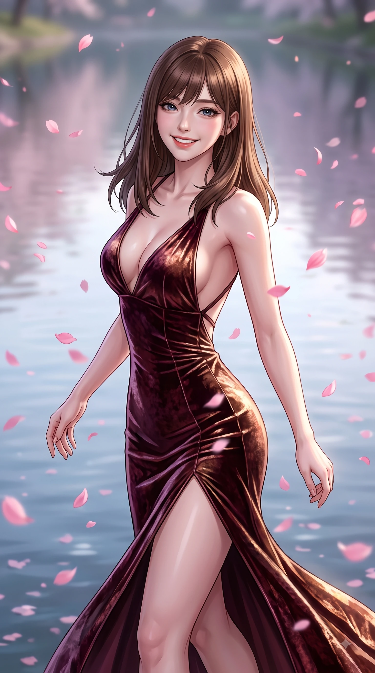 score_9, masterpiece, best quality, ultra-detailed, high-budget anime keyframe, editorial fashion photography, tasteful artistic composition, Korean woman. close-up cowboy shot from the waist and thighs up, the character dominates the composition, filling the frame with her large presence, background elements kept in soft focus. Gazing directly into the camera with a joyful, infectious smile as her torso curves dynamically in mid-stride while spinning in mid-air over a serene mirror lake as pink petals rain softly around her, floating pink petals drifting around her in dynamic, cheerful wind currents. She has an exceptionally elegant, slender, and willowy female figure with an ultra-slim waist, a gracefully sculpted slender torso, and a refined silhouette. sharp v-shaped jawline, high-bridge nose, intricate jewel-like eyes with depth, thick eyelashes, glossy lips with a natural sheen, flawlessly proportioned anatomical accuracy, natural body alignment, perfectly sculpted elegant limbs, clean dynamic posture without body distortion. wearing a backless crushed velvet gown with a deep V-neckline and high thigh slit in deep burgundy and bronze, made of premium stretch velvet with a rich sheen, complemented by criss-cross back straps highlighting her bare shoulders, the form-contouring material highlighting her ultra-slim waist and long lines. surrounded by a serene, uplifting spring aura with cheerful highlights. ultra-reflective glossy finish, specular highlights, metallic sheen, high-contrast stereoscopic depth, volumetric dynamic lighting, 2k, ultra detail, master piece, 9:16 ratio