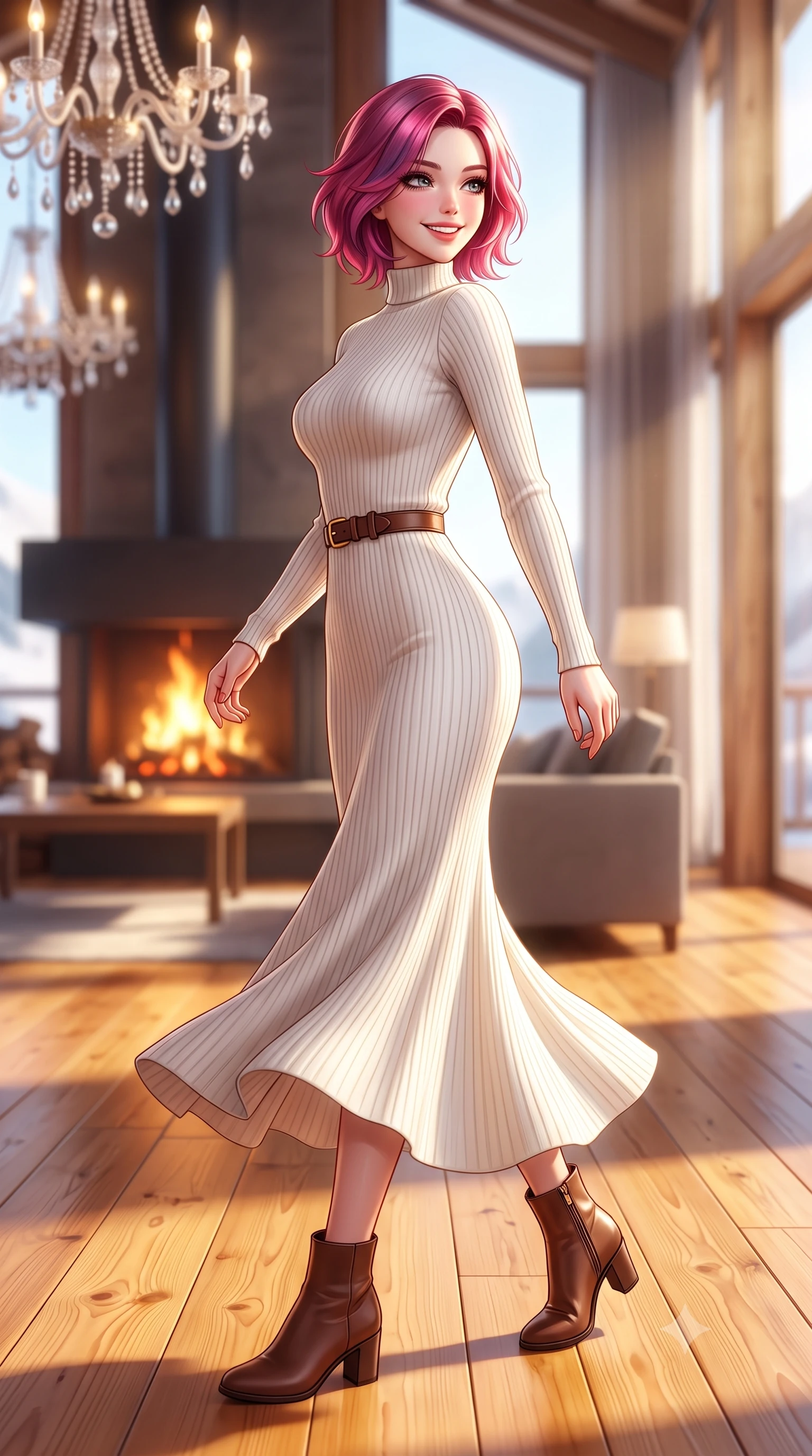score_9, masterpiece, best quality, ultra-detailed, high-budget anime keyframe, semi-realistic 3D game render, editorial fashion photography, tasteful artistic composition, Caucasian woman. low angle full-body shot from head to toe showing her feet, filling the entire 9:16 vertical frame with her statuesque presence, stretching her vertical silhouette. executing an elegant pivot turn as the hem of her form-fitting knit sways rhythmically, glancing back with joyful radiance and seductive allure while walking across the honey-toned pine floor toward the panoramic window, her chunky cable-knit sweater accentuating her slender waistline. The background shows a soft-focus crackling pinewood fire and crystal chandeliers softened in ultra-luxury Engadin winter sanctuary shallow focus. She has an exceptionally tall and slender model-like 8.5-heads proportion, an ultra-slim waist, a flat toned midriff, narrow delicate ribcage, and beautifully sculpted feminine hips creating a graceful, slim hourglass silhouette without any bulky heaviness, with impossibly long slender legs. sharp v-shaped jawline, high-bridge nose, intricate jewel-like sparkling eyes with depth, thick eyelashes, glossy parted lips with a natural peach sheen, bright cheerful beaming smile with an enchanting and coquettish sensual glint, exuding both youthful cute charm and seductive allure, flawlessly proportioned anatomical accuracy, strict slender model proportions, natural body alignment, perfectly sculpted long slender limbs, ultra-slim waistline, clean dynamic posture without body distortion. wearing a form-contouring ribbed knit bodycon maxi dress in snow ivory with a cozy high cowl-neck hugging every curve in misty Arashiyama bamboo green and slate grey, tailored from form-contouring ribbed merino wool hugging her torso like a second skin, finished with a slim equestrian bridle-leather belt cinched tightly at the narrowest point of her waist, the second-skin tailored fabric adhering flawlessly to her sculpted flat midriff and slender torso, emphasizing her long leg lines and perfectly proportioned willowy build. bathed in the dramatic high-altitude Swiss mountain sunlight streaming through panoramic windows mixed with golden hearth firelight. highly saturated vibrant anime colors, detailed shading with soft gradients, rich glossy textures, high-contrast stereoscopic depth, volumetric dynamic lighting, master piece, 9:16 ratio