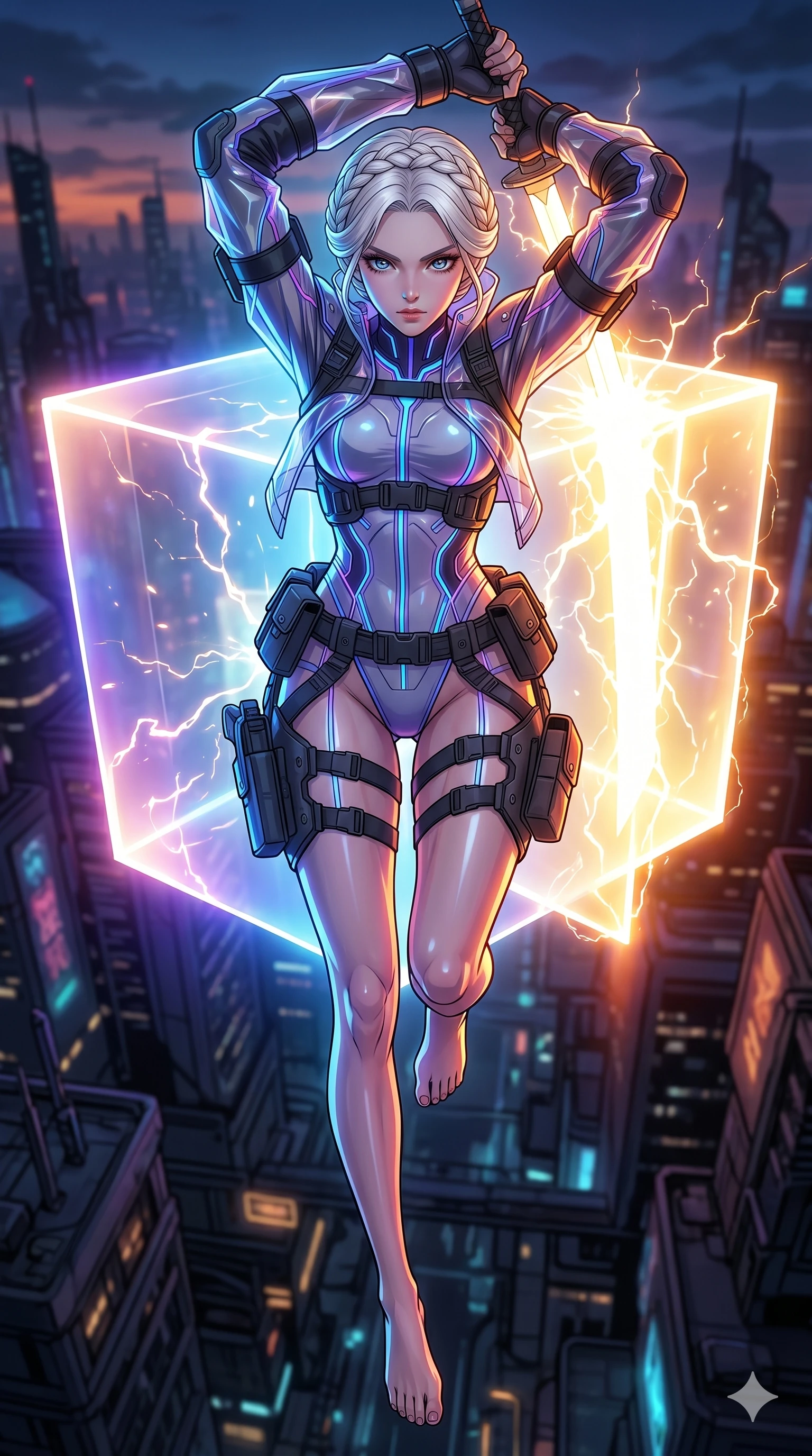 score_9, masterpiece, best quality, ultra-detailed, high-budget anime movie keyframe, cinematic anime lighting, intricate line art, Japanese woman. Extreme high angle shot as she leaps towards the camera, filling the frame. drawing a sword from a block of pure, solid light. She has an absolutely perfect 8-heads proportion, an exceptionally tall and slender female figure with an ultra-slim waist and impossibly long slender legs. strictly human anatomy, two legs only, no extra limbs, clearly defined legs and arms, perfect anatomy, perfect hands and fingers. sharp v-shaped jawline, high-bridge nose, intricate jewel-like eyes, thick eyelashes, glossy lips. Wearing Tech-Fantasy: Cybernetic tech-suit with glowing seams, translucent PVC over leotard, and modular tactical gear. The scene is illuminated by dramatic atmospheric lighting and vibrant color palettes. , 2k, ultra detail, master piece, 9:16 ratio