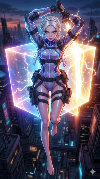 score_9, masterpiece, best quality, ultra-detailed, high-budget anime movie keyframe, cinematic anime lighting, intricate line art, Japanese woman. Extreme high angle shot as she leaps towards the camera, filling the frame. drawing a sword from a blo
