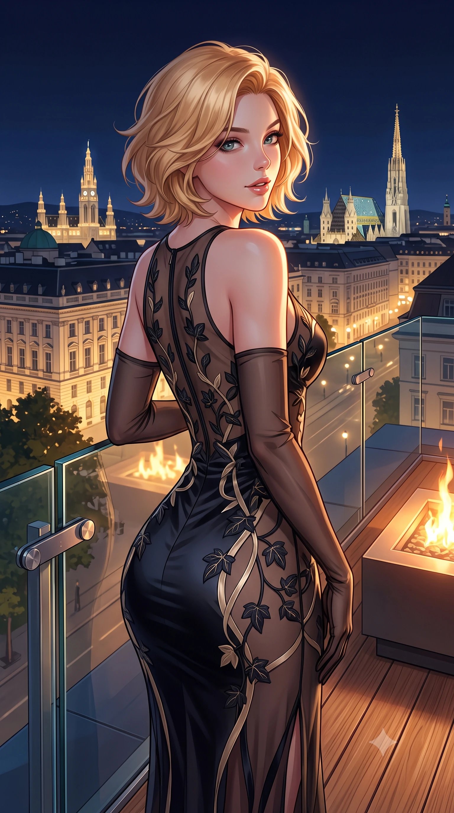 score_9, masterpiece, best quality, ultra-detailed, high-budget anime keyframe, semi-realistic 3D game render, editorial fashion photography, tasteful artistic composition, Caucasian woman. close-up cowboy shot from the waist and thighs up, the character dominates the composition, filling the frame with her large presence. posing in an alluring rear three-quarter angle, looking over a bare shoulder with parted glossy lips, her hips cocked back to highlight her slim hourglass curve while leaning against the frameless glass balustrade with hips cocked back, looking out over historic Ringstraße grand boulevards with smoldering bedroom-eyes. The surrounding environment is rendered in vivid detail and crisp panoramic clarity: sharp frameless glass corner structural joints, natural teak decking grain, and stainless steel railing hardware in deep focus. She has an exceptionally elegant, slender, and willowy female figure with an ultra-slim waist, flat toned midriff, narrow ribcage, and sculpted feminine hips creating an alluring, slim hourglass silhouette without bulk. sharp v-shaped jawline, high-bridge nose, intricate jewel-like sparkling eyes with depth, thick eyelashes, glossy parted lips with a natural peach sheen, bright cheerful beaming smile with an enchanting and coquettish sensual glint, exuding both youthful cute charm and seductive allure, flawlessly proportioned anatomical accuracy, strict slender model proportions, natural body alignment, perfectly sculpted long slender limbs, ultra-slim waistline, clean dynamic posture without body distortion. wearing a provocative sheer noir illusion mesh cocktail dress with embroidered climbing ivy ribbons contouring her curves in deep midnight obsidian black and champagne gold, crafted from fluid liquid silk satin that clings smoothly to her narrow waist and rounded hips with a dewy sheen, complemented by sheer opera-length evening gloves tracing her slender arms, the high-slit wrap tailoring accentuating her ultra-slim waistline and the enchanting curve of her feminine hips with alluring seductive charm. bathed in the contrast of warm 2200K fire table hearth glow and cool midnight sky fill with golden cathedral floodlights. highly saturated vibrant anime colors, detailed shading with soft gradients, rich glossy textures, high-contrast stereoscopic depth, volumetric dynamic lighting, master piece, 9:16 ratio
