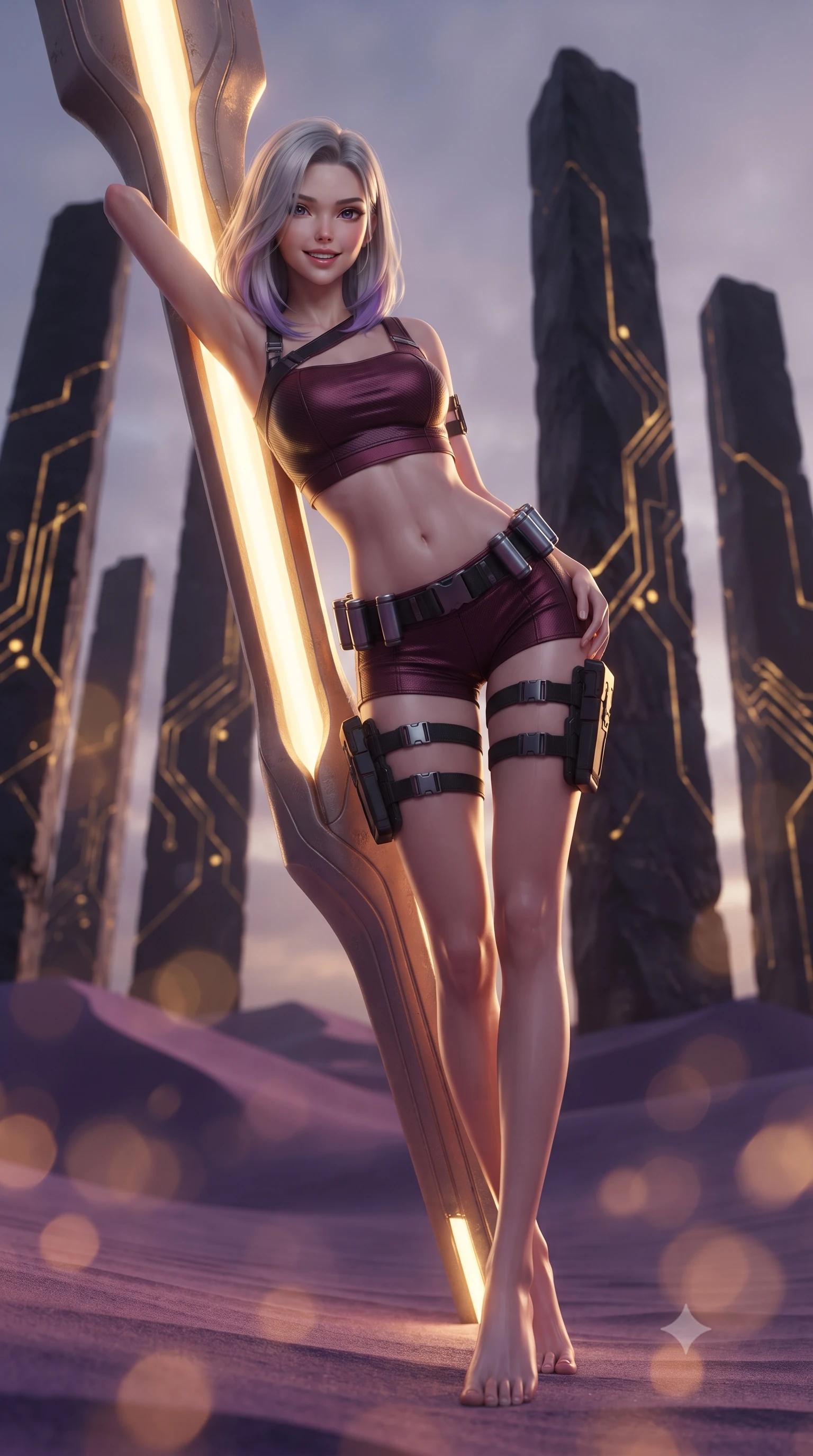 score_9, masterpiece, best quality, ultra-detailed, high-budget anime keyframe, editorial fashion photography, tasteful artistic composition, Caucasian woman. low angle full-body shot from head to toe showing her feet, filling the entire 9:16 vertical frame with her statuesque presence, stretching her vertical silhouette. leaning deep against the glowing energy conduit with hips cocked back in an unapologetically alluring high-fashion stance, flashing a warm beaming smile while standing poised between colossal black obsidian monoliths rising from alien dunes, arching her back with sovereign ancient-future grace. The background shows a soft-focus soaring obsidian monoliths with glowing golden circuit etchings and rolling violet sand dunes blurred into copper, amethyst, and gold bokeh. She has an absolutely perfect, statuesque 8.5-heads proportion, an exceptionally tall and slender model-like female figure with impossibly long slender legs, an ultra-slim waist, a flat toned midriff, narrow delicate ribcage, and beautifully sculpted feminine hips creating a graceful, slim hourglass silhouette without any bulky heaviness. sharp v-shaped jawline, high-bridge nose, intricate jewel-like sparkling eyes with depth, thick eyelashes, glossy parted lips with a natural sheen, bright confident smile with an enchanting and coquettish sensual glint, exuding both youthful magnetic charm and sovereign high-tech allure, flawlessly proportioned anatomical accuracy, strict slender model proportions, natural body alignment, perfectly sculpted long slender limbs, ultra-slim waistline, clean dynamic posture without body distortion. wearing a high-tech mechanic crop top with asymmetric shoulder straps paired with ultra-fitted tactical hot-pants and thigh holsters in deep wine crimson and dark carbon weave, tailored from brushed aeronautical titanium alloy with matte satin sheen, accented with a sleek utility belt with polished magnetic canisters resting loosely on her curvy hips, the form-contouring cut accentuating her sculpted flat midriff, narrow delicate ribcage, and gracefully curvy hips with cybernetic supermodel precision. illuminated by glowing monolith circuit veins and sharp golden-amber rim lights sculpting her razor-sharp jawline, narrow waist, and curvy hips. ultra-reflective glossy finish, specular highlights, rich textural contrasts, high-contrast stereoscopic depth, volumetric dynamic lighting, 2k, ultra detail, master piece, 9:16 ratio