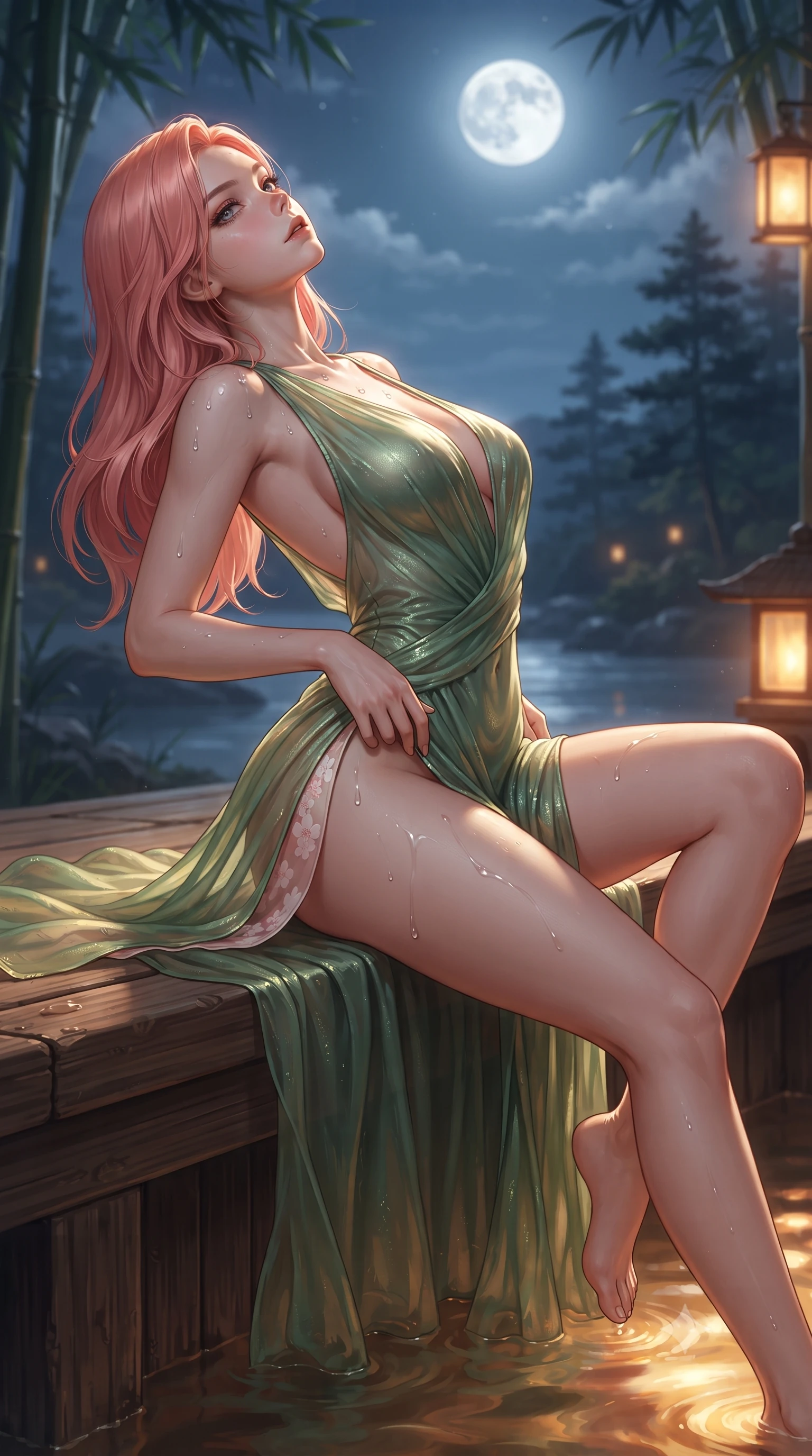 score_9, masterpiece, best quality, ultra-detailed, high-budget anime keyframe, editorial fashion photography, tasteful artistic composition, Japanese woman. close-up cowboy shot from the waist and thighs up, the character dominates the composition, filling the frame with her large presence. arching her spine backward with effortless dancer poise, one hand sliding along her hip line as directional light carves specular highlights along her silhouette while reclining on the cedar bench with legs extended toward the warm water, head tilted back toward the full moon with smoldering bedroom-eyes. The composition keeps background elements in soft focus with creamy bokeh. distant Katsura river waters and dark pine silhouettes softened in dreamy nocturnal shallow focus. She has an exceptionally elegant, slender, and willowy female figure with an ultra-slim waist, a gracefully sculpted slender torso, toned flat midriff, and rounded feminine hips creating an alluring hourglass silhouette. sharp v-shaped jawline, high-bridge nose, intricate jewel-like eyes with depth, thick eyelashes, glossy parted lips with a natural sheen, intensely captivating and seductive bedroom-eyes expression, flawlessly proportioned anatomical accuracy, strict slender model proportions, natural body alignment, perfectly sculpted long slender limbs, ultra-slim waistline, clean dynamic posture without body distortion. wearing a liquid metallic bamboo-green gown with open side slits ascending to the high hip in sakura blossom pink and warm ivory, woven from sheer cascading chiffon that ripples like water, accented with water droplets glistening on her bare collarbones and hips, the second-skin form-contouring cut accentuating her sculpted flat midriff, narrow waistline, and dramatically curvy hips without adding bulk. bathed in cool silver full-moon light streaming through the bamboo canopy and warm amber lantern downlights. ultra-reflective glossy finish, specular highlights, rich textural contrasts, high-contrast stereoscopic depth, volumetric dynamic lighting, 2k, ultra detail, master piece, 9:16 ratio