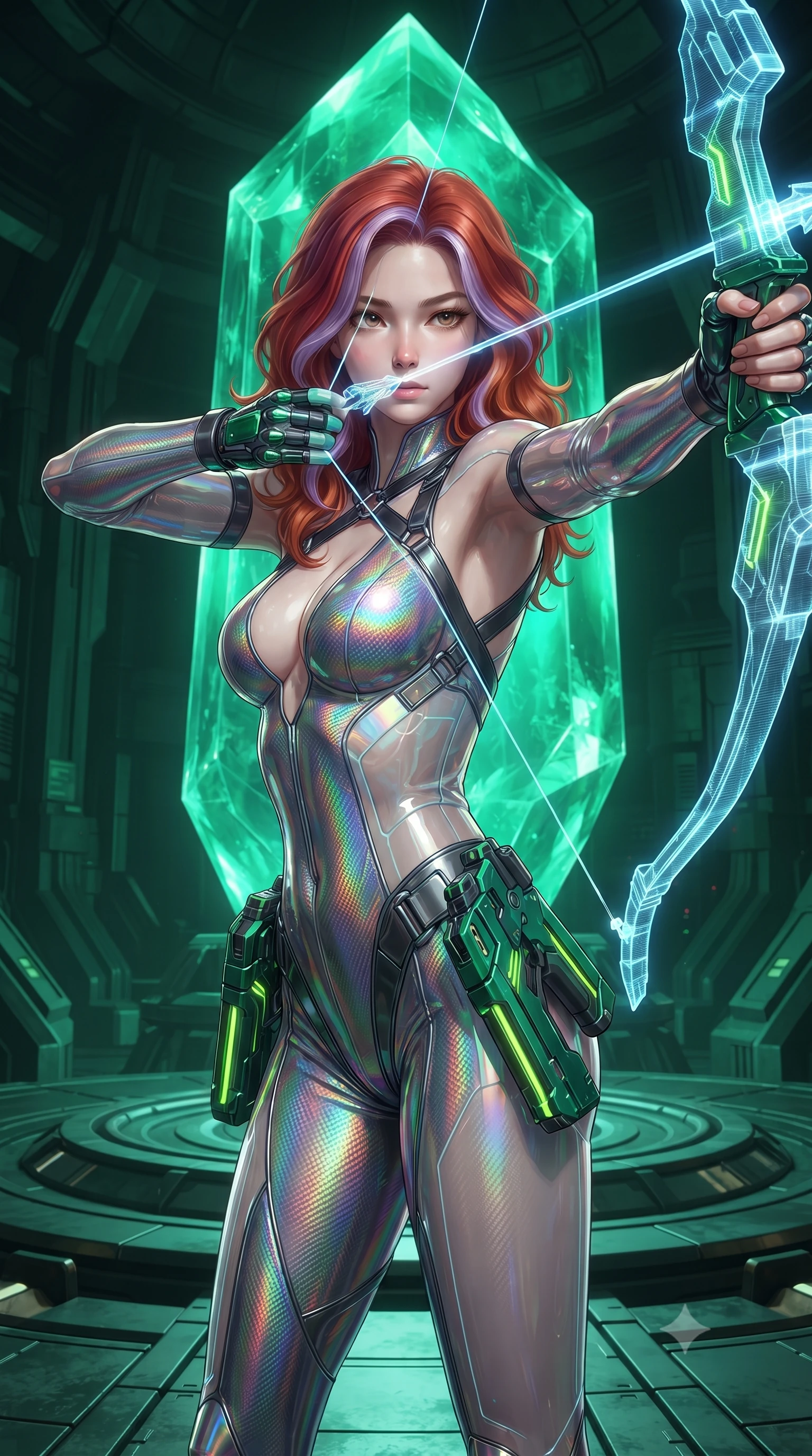 score_9, masterpiece, best quality, ultra-detailed, high-budget anime keyframe, editorial fashion photography, tasteful artistic composition, Caucasian woman. close-up cowboy shot from the waist and thighs up, the character dominates the composition, filling the frame with her large presence. twisting her upper body in a dynamic S-curve combat stance, one hand steadying her weapon with commanding supermodel allure while standing poised on a circular platform before a colossal glowing emerald crystal reactor while drawing a holographic energy bow. The surrounding environment is rendered in vivid detail and crisp panoramic clarity. rich emerald chiaroscuro and high-tech subterranean power plant architecture captured with sharpness. She has an exceptionally elegant, slender, and willowy female figure with an ultra-slim waist, a gracefully sculpted slender torso, toned flat midriff, and a refined slim silhouette. sharp v-shaped jawline, high-bridge nose, intricate jewel-like eyes with depth, thick eyelashes, glossy lips with a natural sheen, flawlessly proportioned anatomical accuracy, strict slender model proportions, natural body alignment, perfectly sculpted long slender limbs, ultra-slim waistline, clean dynamic posture without body distortion. wearing a high-gloss iridescent rainbow carbon-weave bodysuit with translucent cybernetic panels, brandishing dual sleek chrome particle beam pistols in a dynamic combat stance in emerald green carbon composite with glowing lime laser channels, made of lightweight aerodynamic carbon-titanium alloy with polished edge bevels, complemented by criss-cross back harness straps highlighting her completely bare spine, the liquid-tight tailored fabric emphasizing every curve of her tall, slender model proportions and sculptured silhouette during dynamic movement. illuminated by crisp white key lighting with sharp specular highlights tracing her slender curves. ultra-reflective glossy finish, specular highlights, dark metallic sheen, high-contrast stereoscopic depth, volumetric dynamic lighting, 2k, ultra detail, master piece, 9:16 ratio