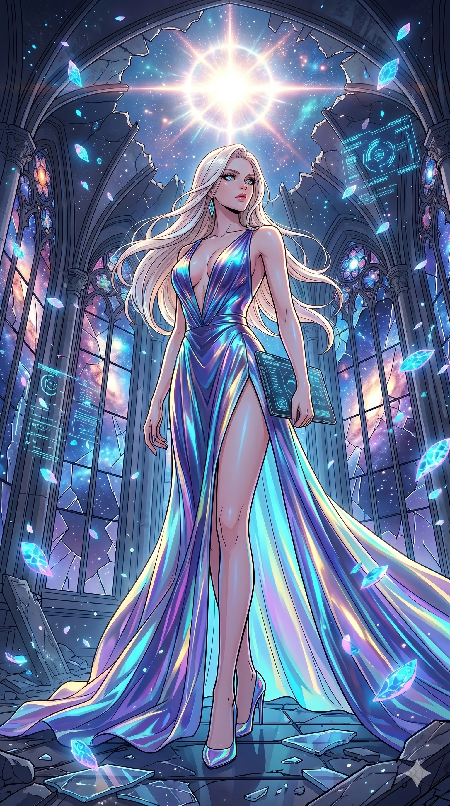score_9, masterpiece, best quality, ultra-detailed, high-budget anime movie keyframe, cinematic anime lighting, intricate line art, Japanese woman. Low angle cowboy shot filling the entire 9:16 frame with her statuesque presence. observing a supernova in a shattered stained glass cathedral with digital sakura petals. She has an absolutely perfect 8-heads proportion, an exceptionally tall and slender female figure with an ultra-slim waist and impossibly long slender legs. sharp v-shaped jawline, high-bridge nose, intricate jewel-like eyes, thick eyelashes, glossy lips. Wearing avant-garde high-fashion gown made of iridescent vinyl with a dangerously high side slit and a plunging neckline, revealing an ultra-slim waist and long slender legs. The scene is illuminated by dramatic atmospheric lighting and vibrant color palettes. , 2k, ultra detail, master piece, 9:16 ratio
