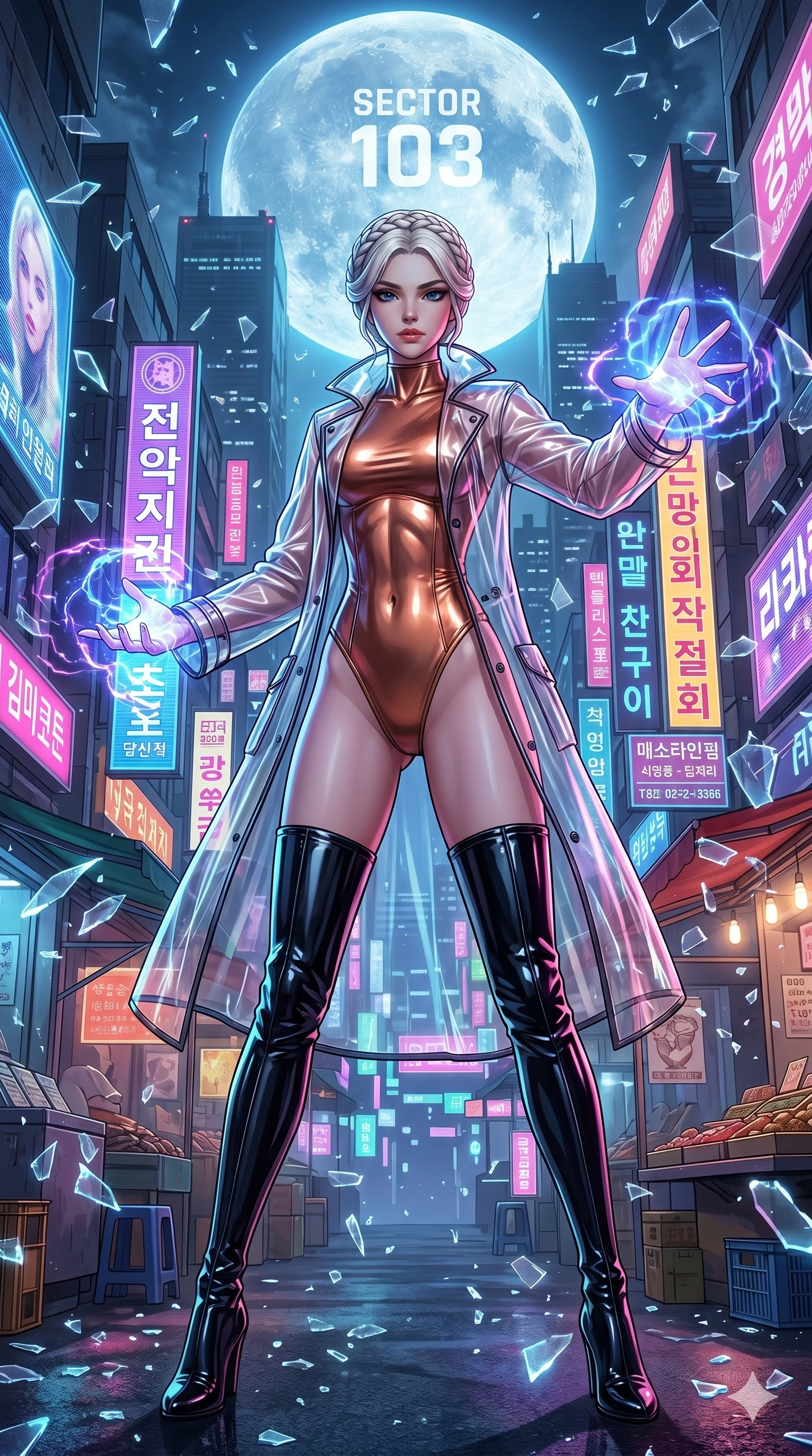 score_9, masterpiece, best quality, ultra-detailed, Set A: High-budget Anime Keyframe, Caucasian (strictly human ears) woman. Low angle cowboy shot filling the entire 9:16 frame with her statuesque presence. Casting a spell through a neon-lit Neo-Seoul market, with a massive holographic moon rising behind her marked as sector 103 and surrounded by shattered glass fragments. She has an absolutely perfect 8-heads proportion, an exceptionally tall and slender female figure with impossibly long slender legs and an ultra-slim waist. Sharp v-shaped jawline, high-bridge nose, intricate jewel-like eyes with depth, thick eyelashes, glossy lips with a natural sheen. Wearing Transparent PVC raincoat over a metallic swimwear and thigh-high patent boots. Cinematic lighting, vibrant colors, dramatic shadows, 2k, ultra detail, master piece, 9:16 ratio