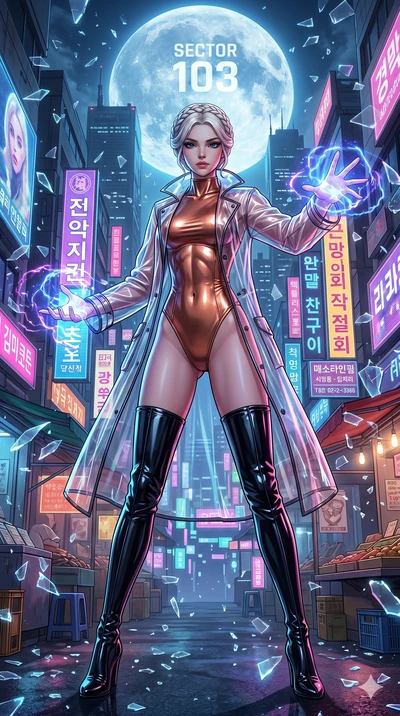 score_9, masterpiece, best quality, ultra-detailed, Set A: High-budget Anime Keyframe, Caucasian (strictly human ears) woman. Low angle cowboy shot filling the entire 9:16 frame with her statuesque presence. Casting a spell through a neon-lit Neo-Seo