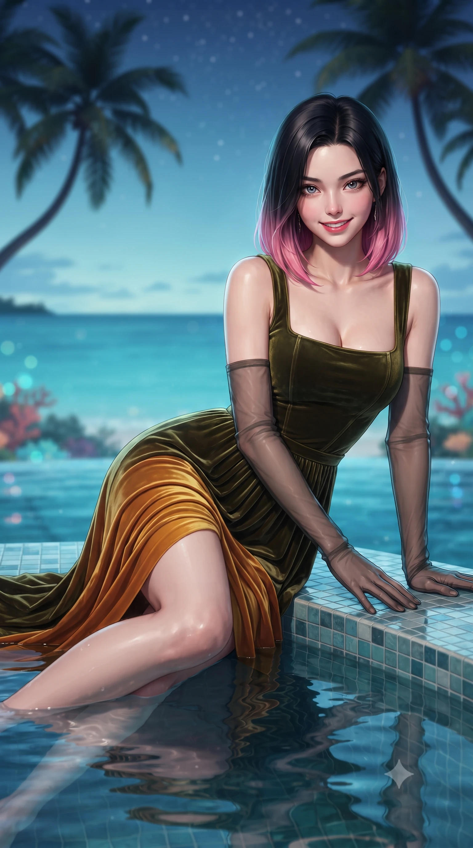 score_9, masterpiece, best quality, ultra-detailed, high-budget anime keyframe, editorial fashion photography, tasteful artistic composition, Korean woman. close-up cowboy shot from the waist and thighs up, the character dominates the composition, filling the frame with her large presence. leaning forward while arching her lower back to accentuate her curvy hips, looking into the camera with an intoxicating smoldering gaze and bedroom-eyes while lounging in the heated water propped on the pool rim with legs extended, her statuesque 8.5-heads silhouette commanding the idyllic seascape. The background shows a soft-focus infinite turquoise ocean horizon, silhouettes of curved coconut palms against twilight stars, and coral reef breaks blurred into cyan, sapphire, and diamond bokeh. She has an exceptionally elegant, slender, and willowy female figure with an ultra-slim waist, flat toned midriff, narrow ribcage, and sculpted feminine hips creating an alluring, slim hourglass silhouette without bulk. sharp v-shaped jawline, high-bridge nose, intricate jewel-like sparkling eyes with depth, thick eyelashes, glossy parted lips with a natural peach sheen, bright cheerful beaming smile with an enchanting and coquettish sensual glint, exuding both youthful cute charm and seductive allure, flawlessly proportioned anatomical accuracy, strict slender model proportions, natural body alignment, perfectly sculpted long slender limbs, ultra-slim waistline, clean dynamic posture without body distortion. wearing a classical Prague empire-line pleated moiré evening gown with modest square neckline in Tuscan cypress dark olive and sunset amber gold, tailored from ultra-plush silk velvet with rich tactile depth and deep shadow gradients, complemented by sheer opera-length evening gloves tracing her slender arms, the impeccably tailored cut draping gracefully along her slender figure with aristocratic poise. illuminated by water surface specular bounce and sharp cyan-and-platinum dual rim lights sculpting her jawline, narrow waist, and curvy hips. ultra-reflective glossy finish, specular highlights, rich textural contrasts, high-contrast stereoscopic depth, volumetric dynamic lighting, 2k, ultra detail, master piece, 9:16 ratio