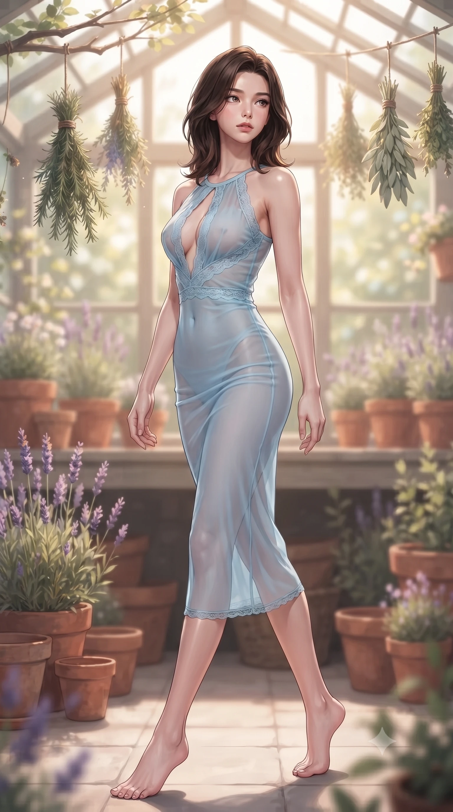 score_9, masterpiece, best quality, ultra-detailed, high-budget anime keyframe, editorial fashion photography, tasteful artistic composition, Korean woman. low angle full-body shot from head to toe showing her feet, filling the entire 9:16 vertical frame with her statuesque presence, stretching her vertical silhouette. stepping gracefully while looking back over her shoulder, her dress draped tightly to reveal her silhouette the background shows a soft-focus a cozy greenhouse studio surrounded by terracotta pots, lavender, and drying herbs. She has an absolutely perfect, statuesque 8.5-heads proportion, an exceptionally tall and slender model-like female figure with impossibly long slender legs and an ultra-slim waist. sharp v-shaped jawline, high-bridge nose, intricate jewel-like eyes with depth, thick eyelashes, glossy lips with a natural sheen. wearing a slim-fit sheer chiffon midi dress in baby blue, featuring a plunging keyhole cutout and lace trim. warm, diffused daylight creating a calm, peaceful mood. ultra-reflective glossy finish, specular highlights, metallic sheen, high-contrast stereoscopic depth, volumetric dynamic lighting, 2k, ultra detail, master piece, 9:16 ratio